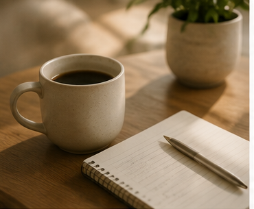 A cup of black coffee, a silver pen, an open notebook with lined paper, and a potted plant on a wooden table.
