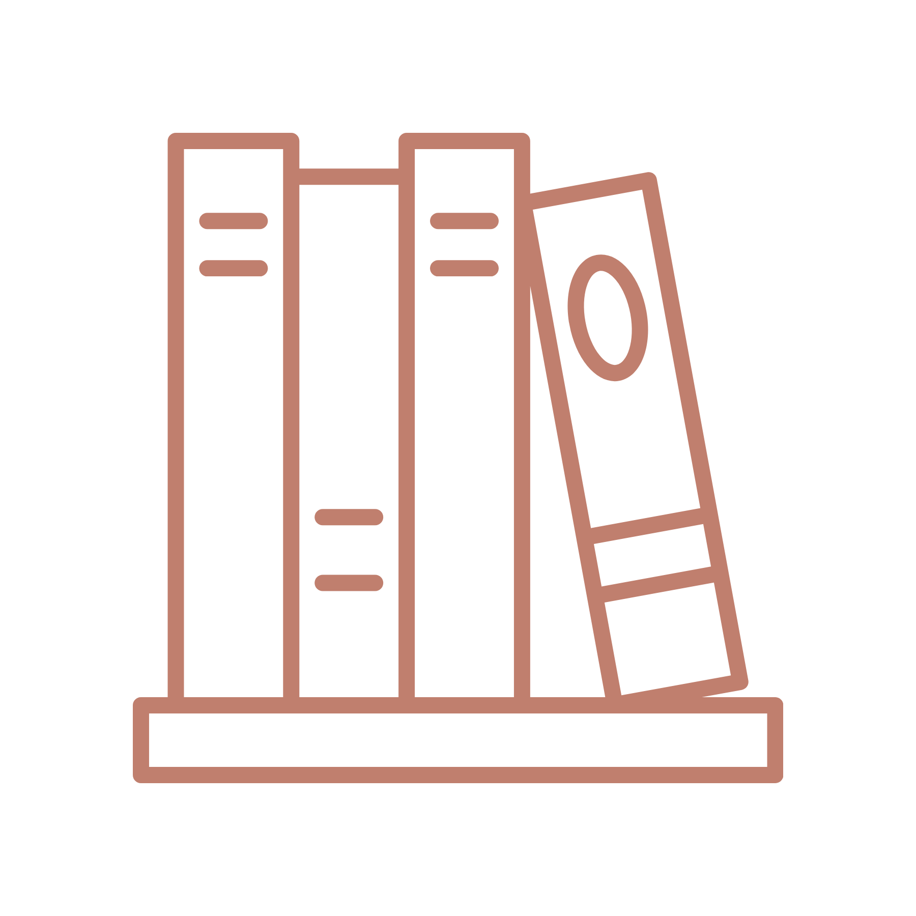 Outline illustration of a bookshelf containing five books of various heights, with one book leaning at an angle placed on the right side.