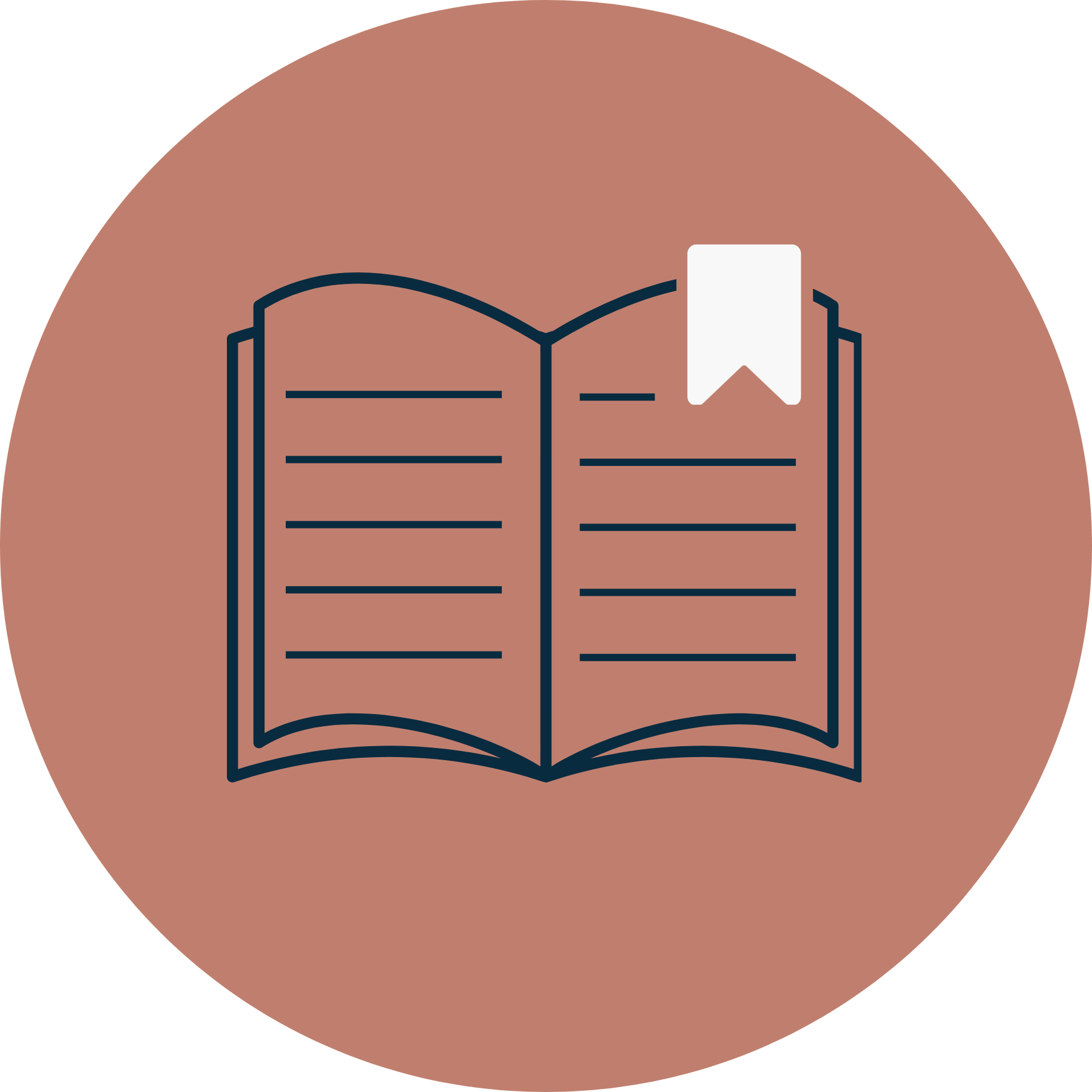 Open book icon with a bookmark on a terracotta circular background
