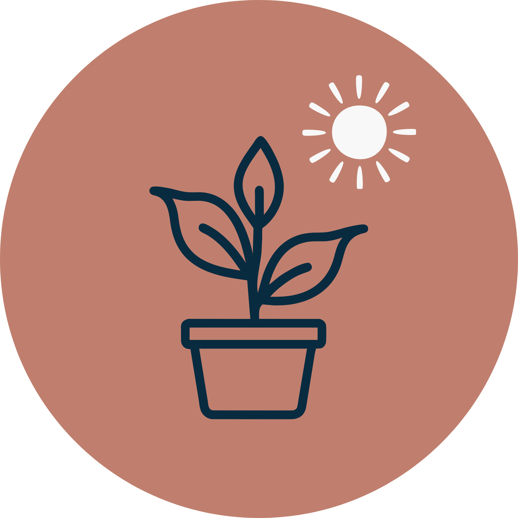 Stylized potted plant with leaves and a flower bud beneath a shining sun