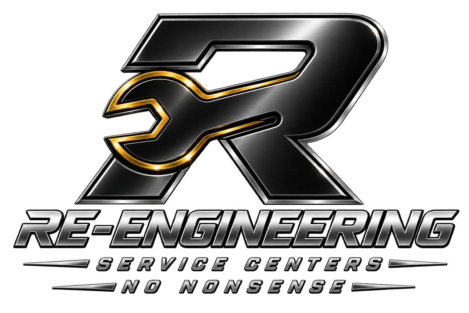 A metallic logo for 'Re-Engineering Service Centers, No Nonsense' featuring a stylized letter R with gold accents.