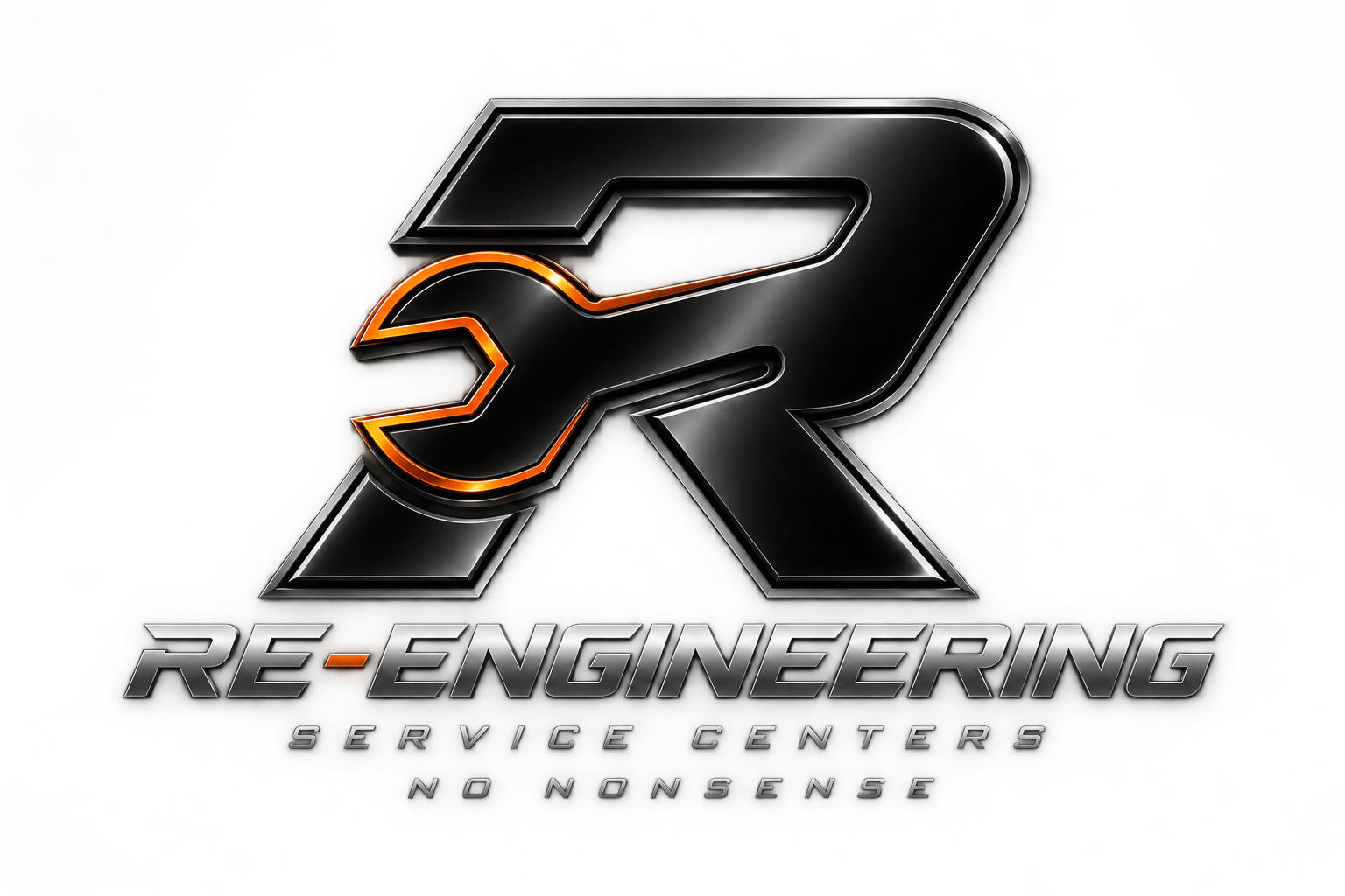 Logo for RE-Engineering Service Centers with a large stylized 'R' and '2' in metallic black and orange colors, and the text 'RE-ENGINEERING' in silver accompanied by the words 'SERVICE CENTERS' and the tagline 'NO NONSENSE' below.