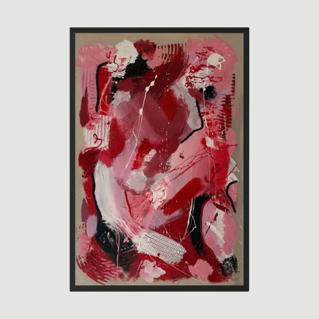 Ladybug in Strawberry Field – original abstract painting red black frame by Sabrina Richter, series Seen and Unseen – abstraktes Originalgemälde, Acryl auf Leinwand, Kunst kaufen