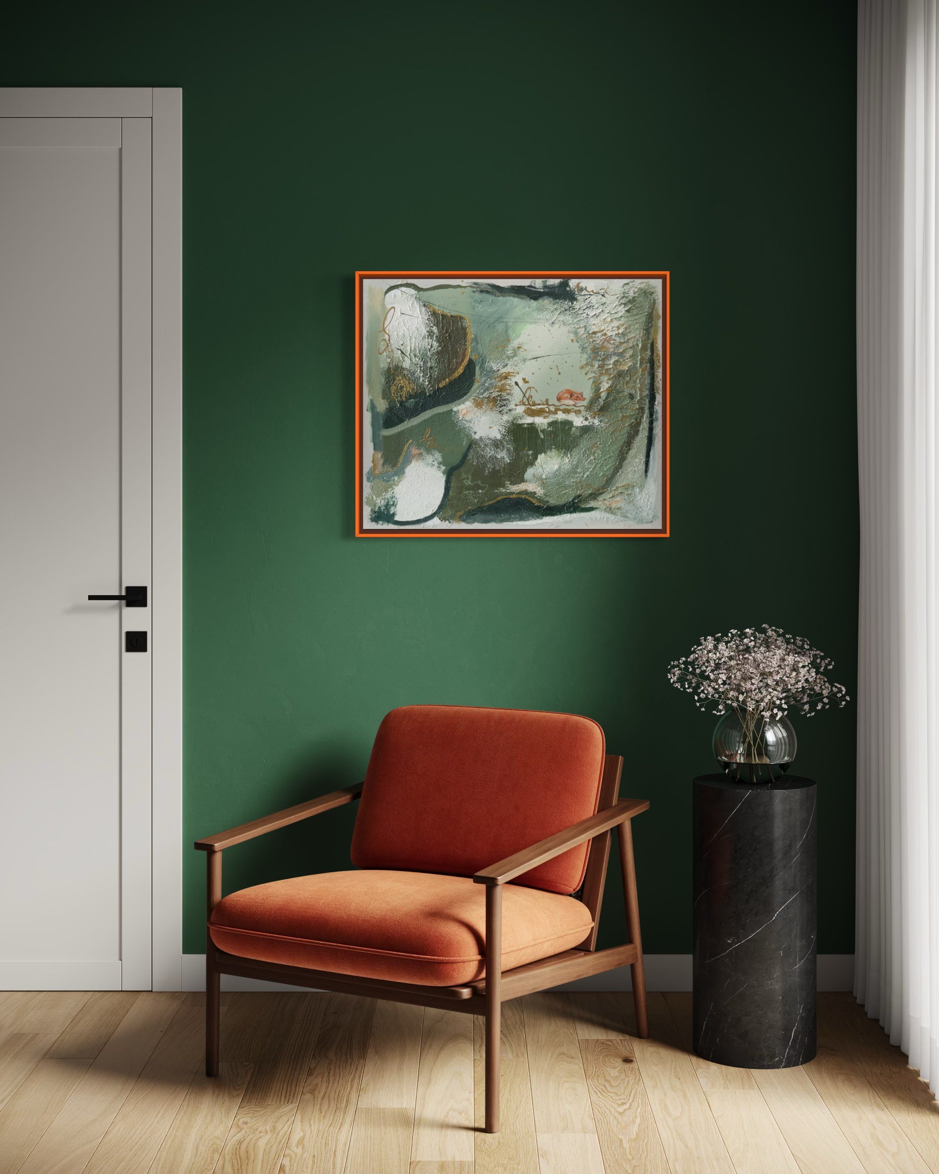 Rest Is Part of the Work interior mockup on a dark green wall with a rust armchair – original beaver painting, Kunst kaufen Frankfurt