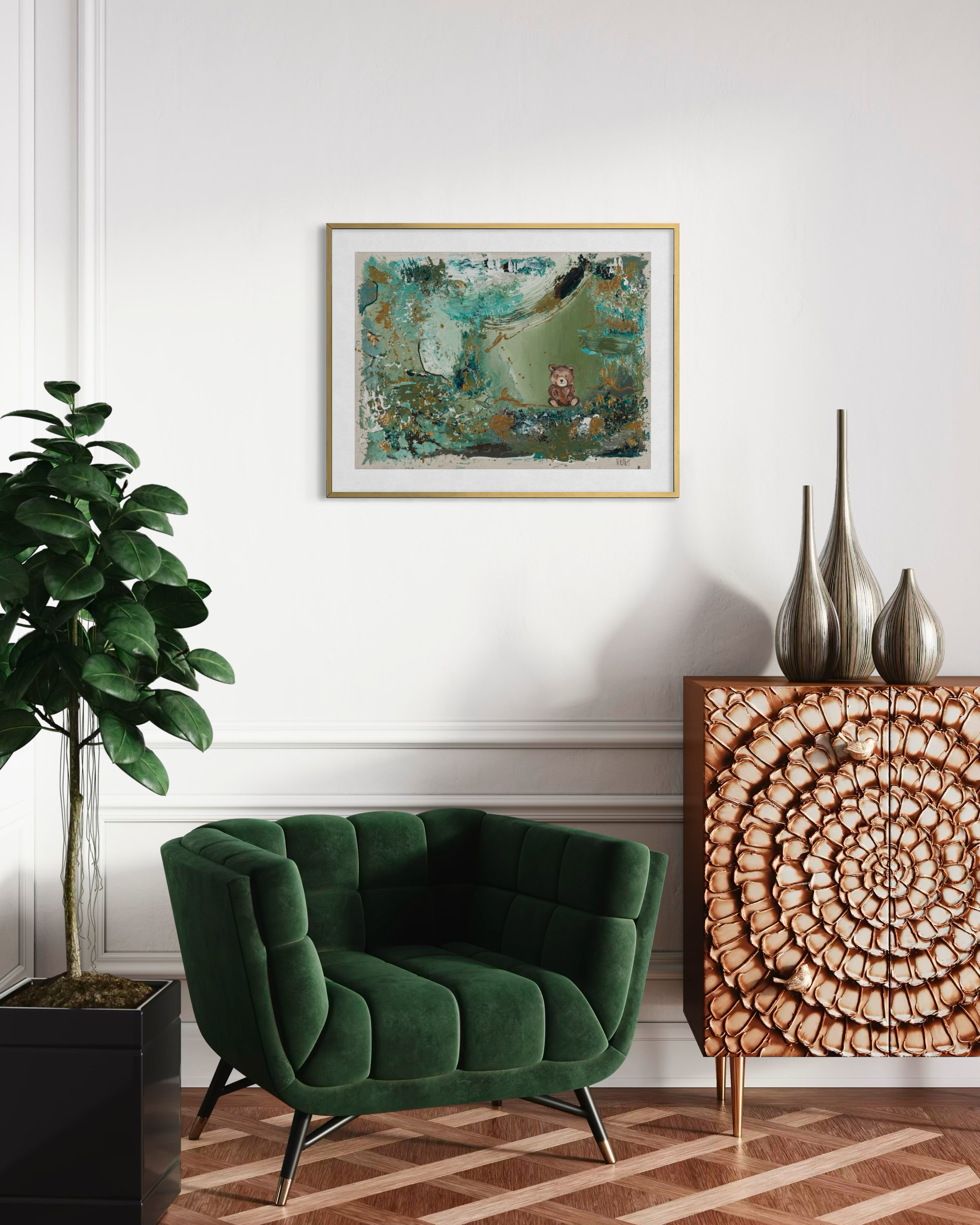 The Quiet Clearing abstract art print by Sabrina Richter, framed on a wall above a green armchair