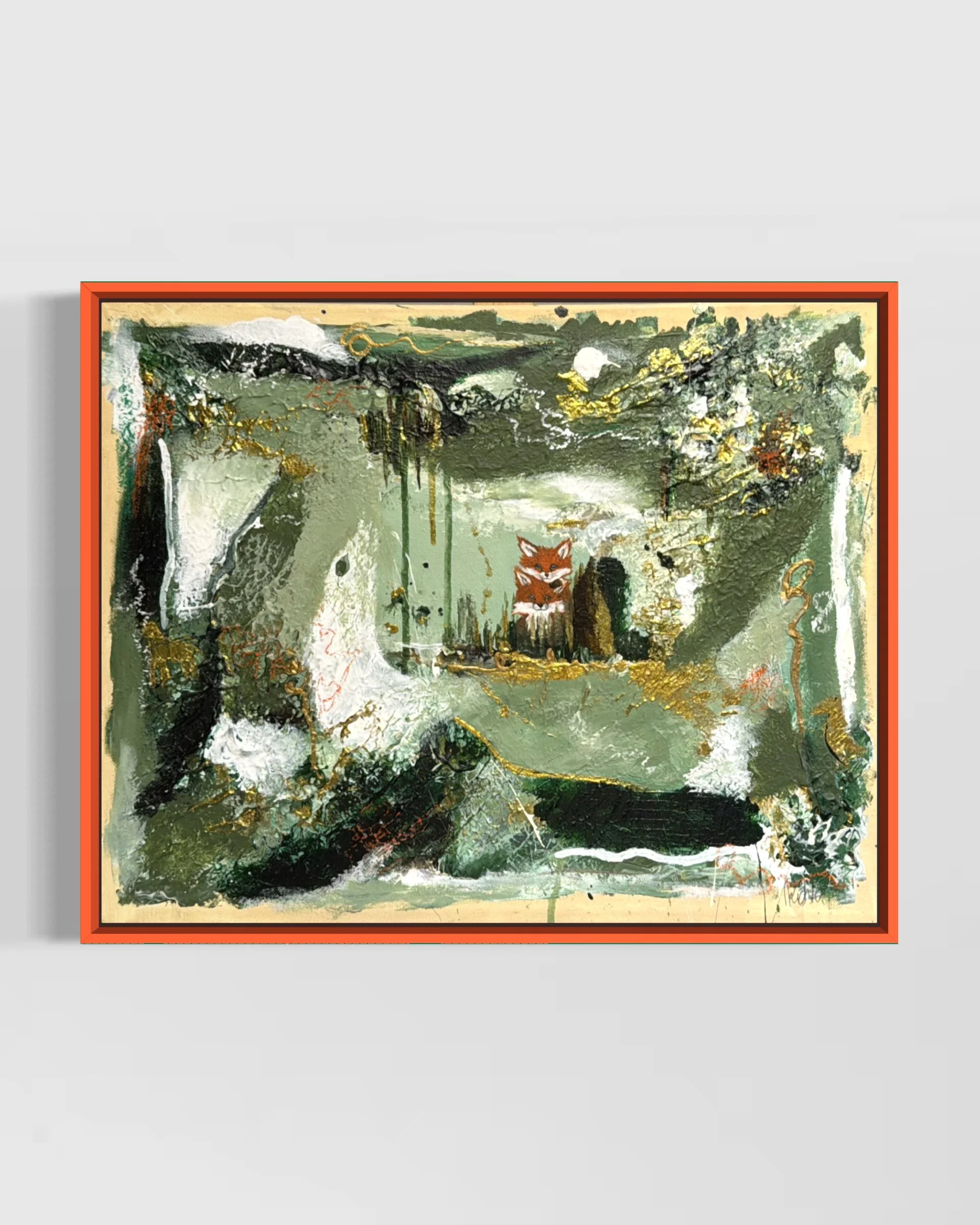 Hide and Seek – abstract painting with two hidden fox cubs by Sabrina Tina Richter, Fuchs Bild im orangen Rahmen