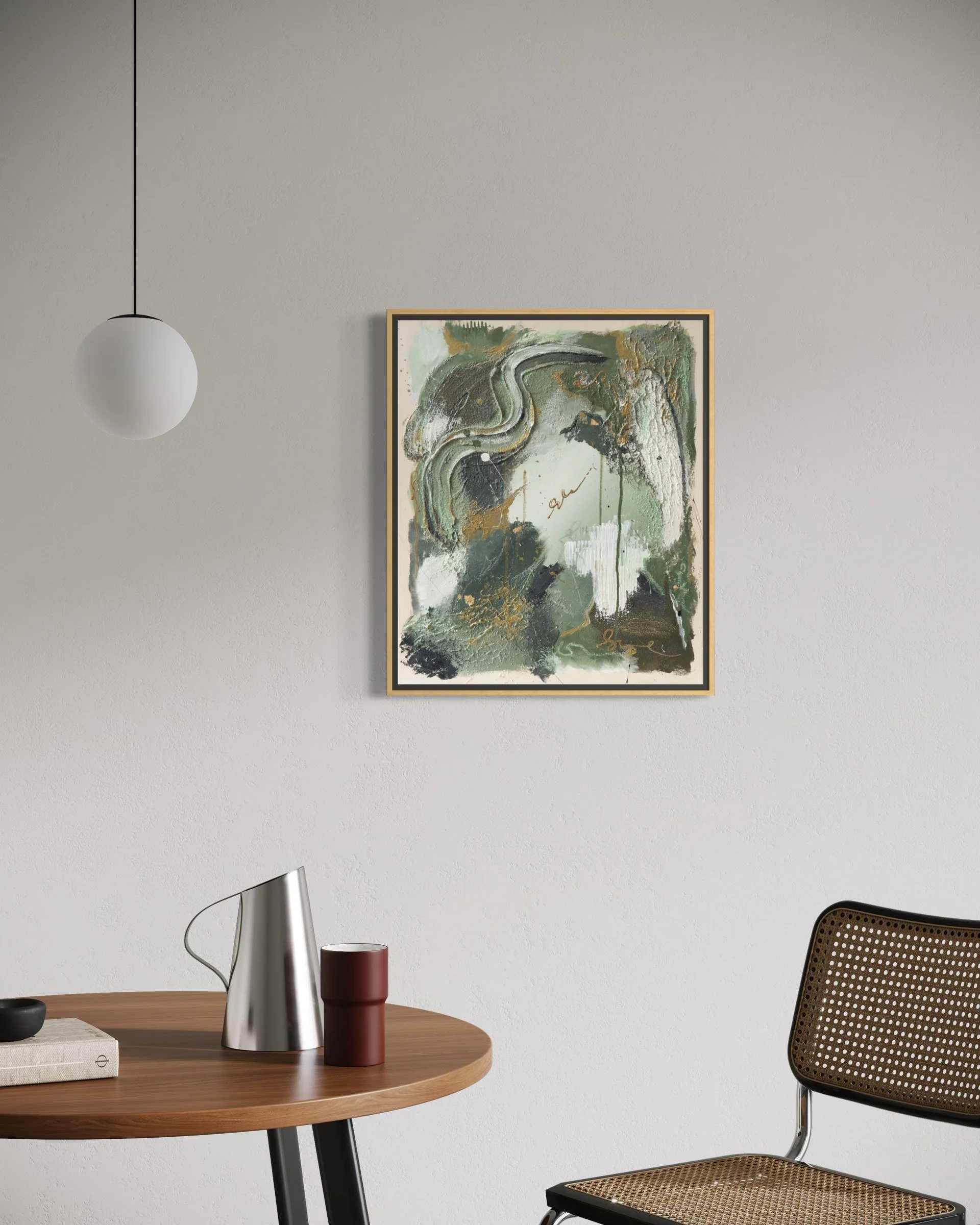 Keep Your Perspective interior mockup above a round wooden dining table – original art by Frankfurt artist Sabrina Richter