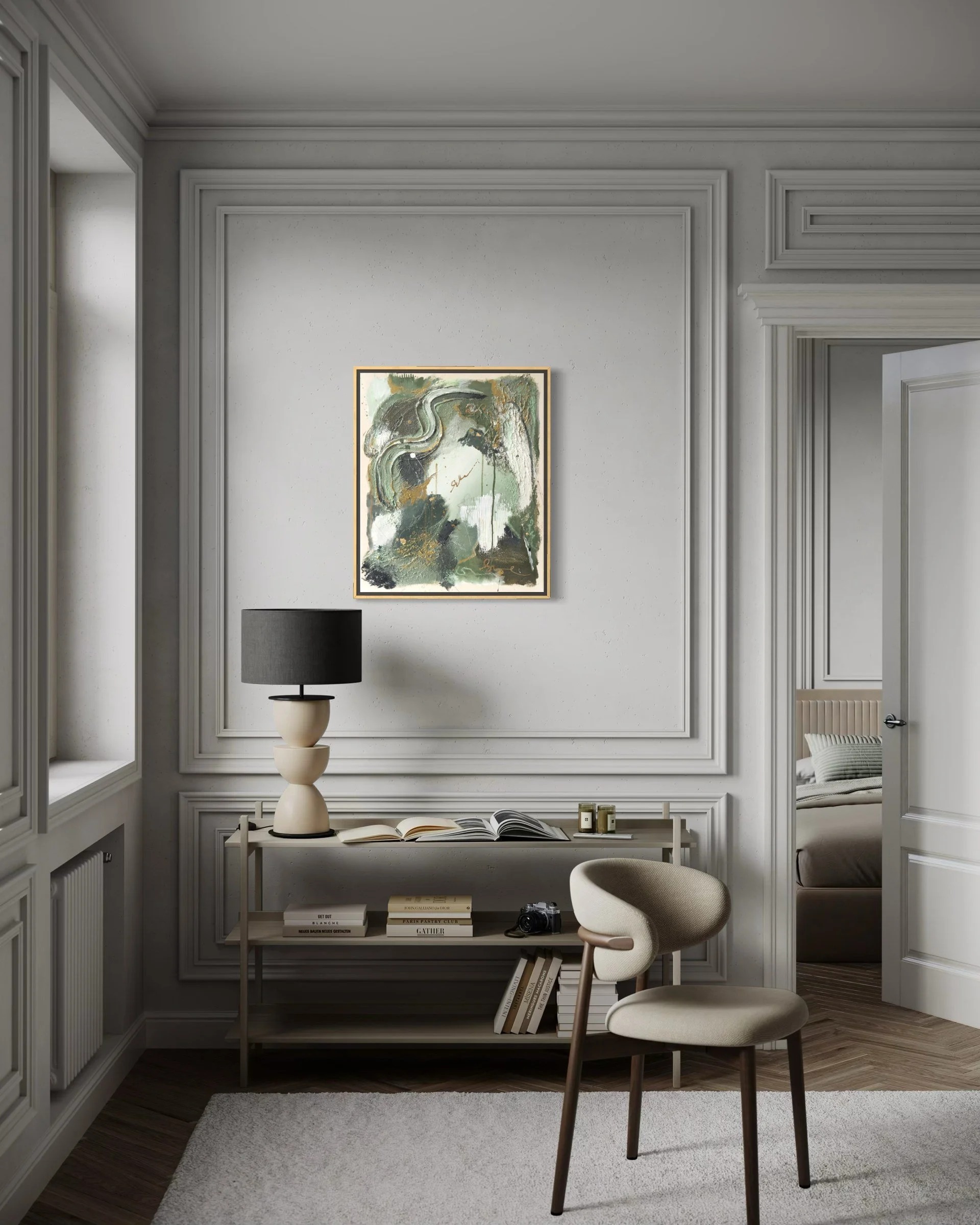 Keep Your Perspective interior mockup in an elegant panelled room with desk – abstract painting, Wohnzimmer Bild by Sabrina Richter