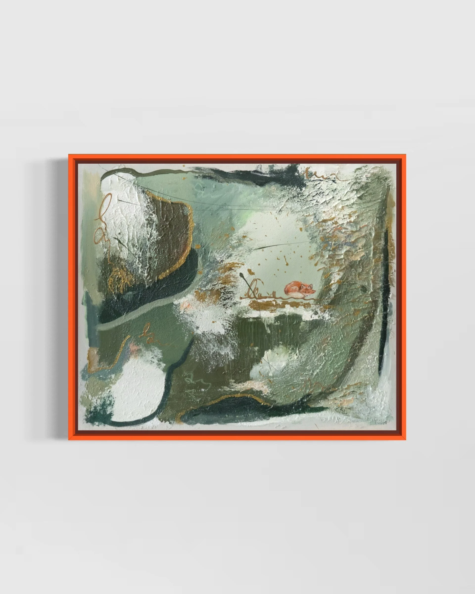 Secrets Have Ears – framed original abstract painting 50 × 60 cm in orange frame with a hidden sleeping fox, by Sabrina Richter, abstraktes Gemälde mit Fuchs