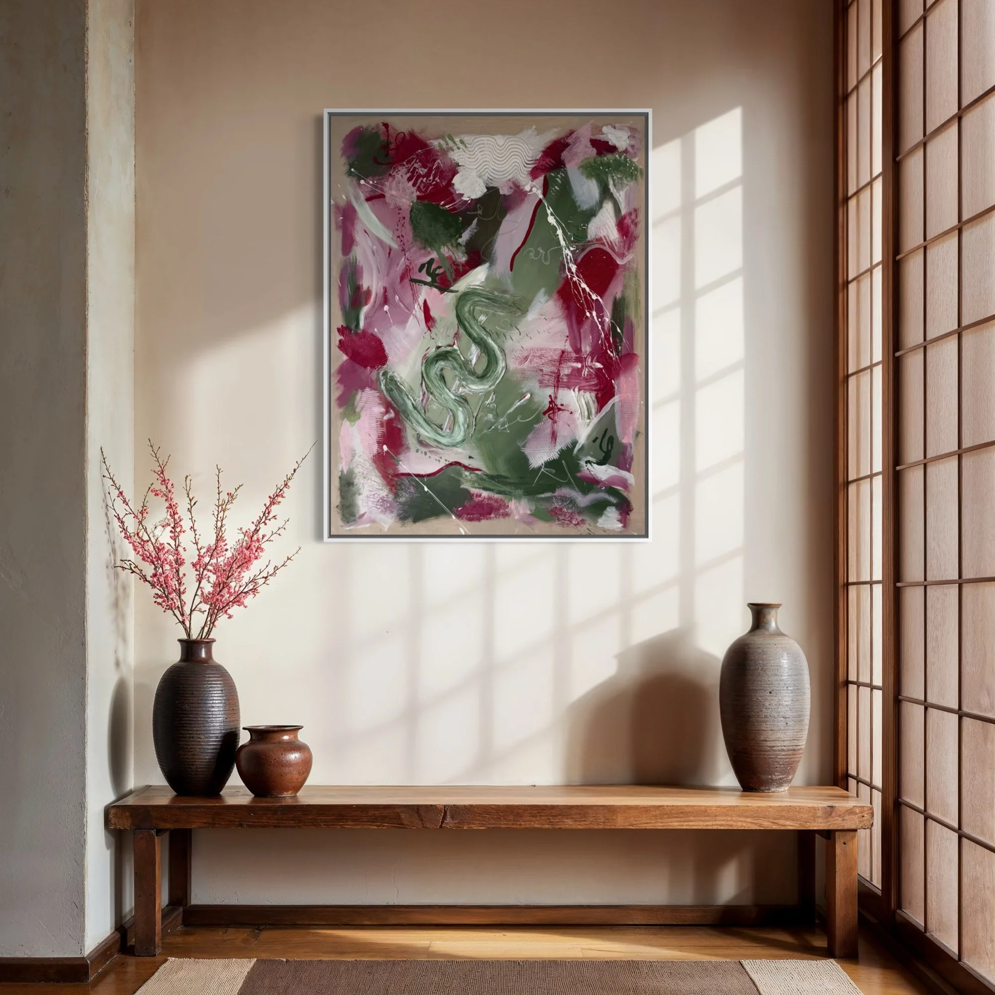 Predator in Peonies – wall art living room by Sabrina Richter, series Seen and Unseen – abstraktes Originalgemälde, Acryl auf Leinwand, Kunst kaufen