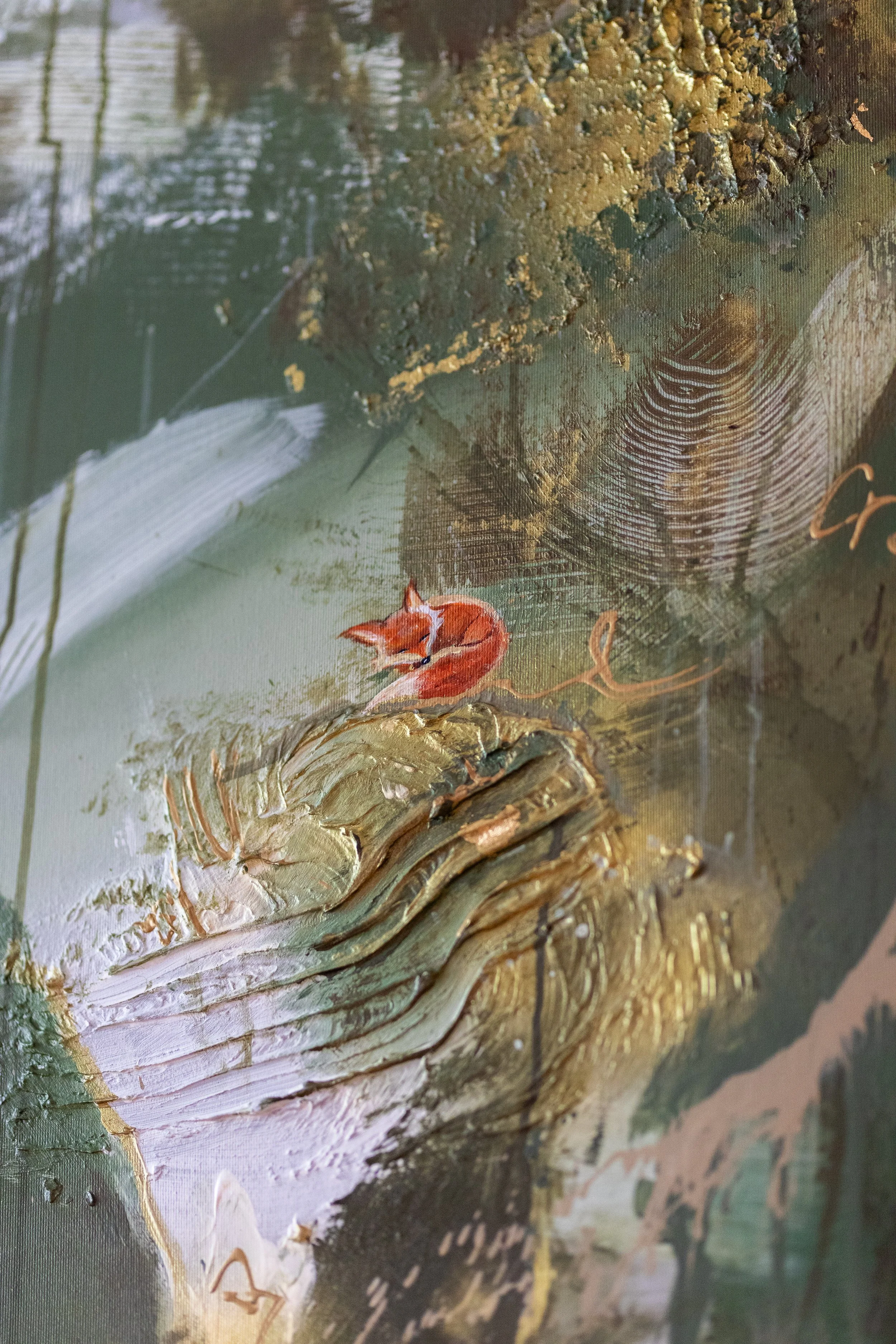Close-up of a textured, abstract painting with a fox painted on a twisted branch. The painting features thick brushstrokes, layered textures, and a mix of earthy and muted colors.