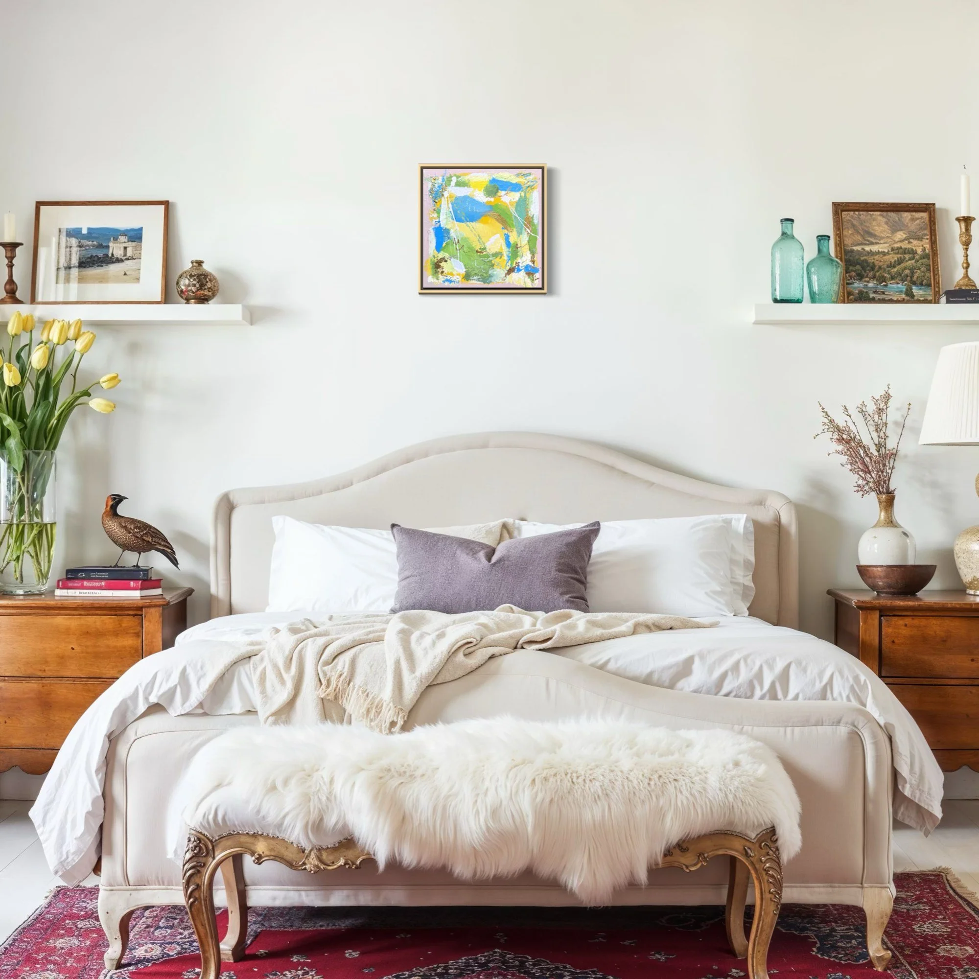 The Open Field – small abstract painting above bed by Sabrina Richter, series Seen and Unseen – abstraktes Originalgemälde, Acryl auf Leinwand, Kunst kaufen