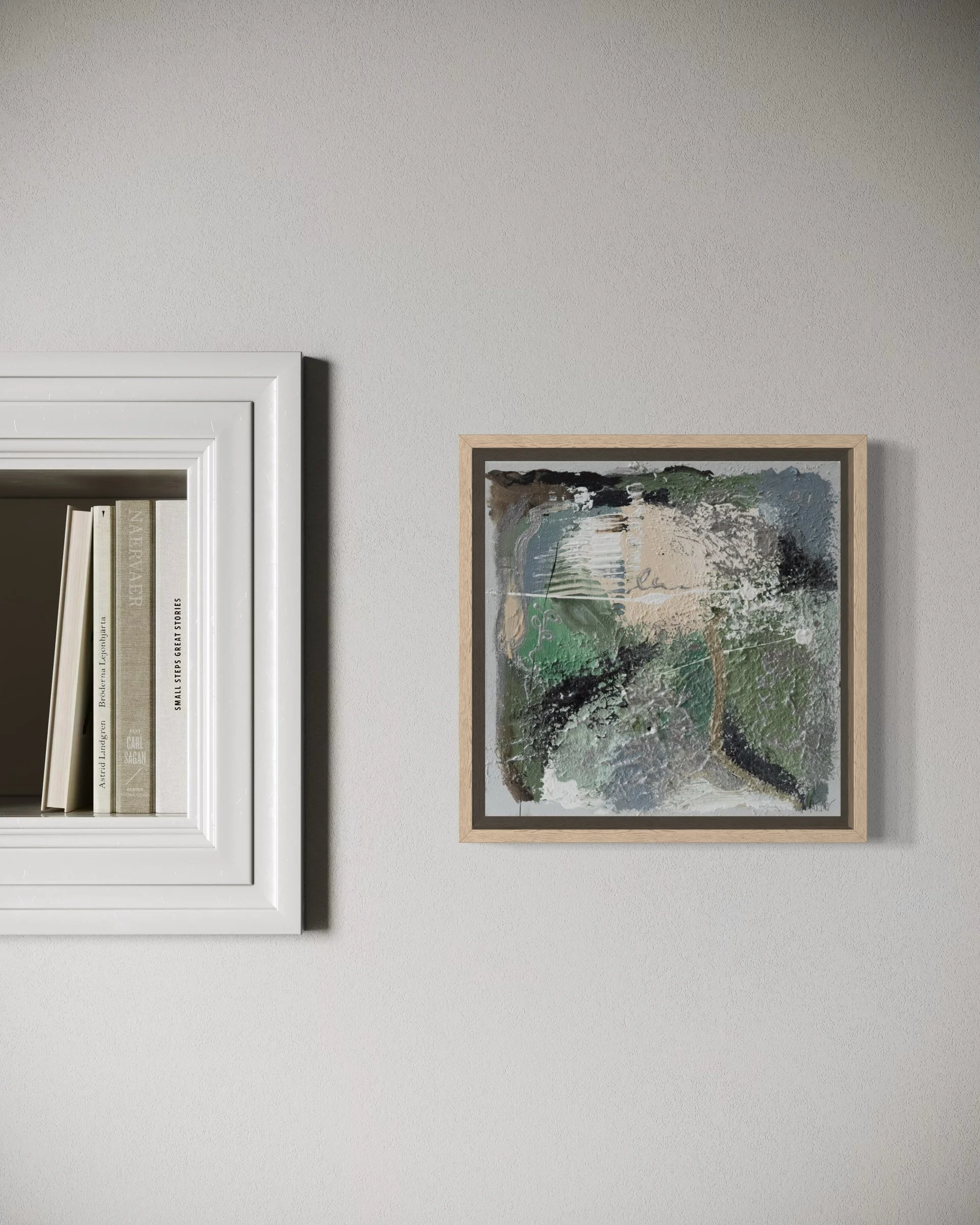 Give It Time interior mockup next to a white shelf – original abstract art in green, grey and beige, Kunst kaufen Frankfurt