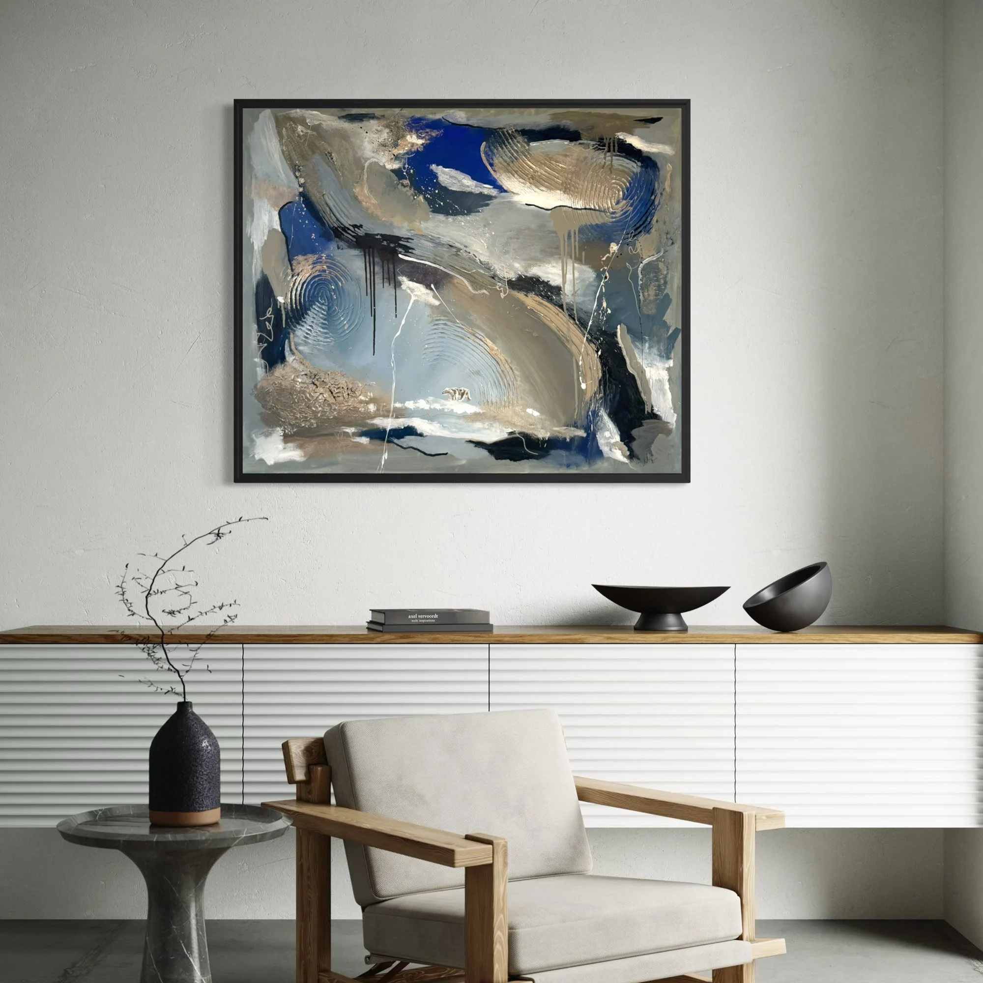 Where the Ice Still Holds – abstract painting above sideboard by Sabrina Richter, series Seen and Unseen – abstraktes Originalgemälde, Acryl auf Leinwand, Kunst kaufen