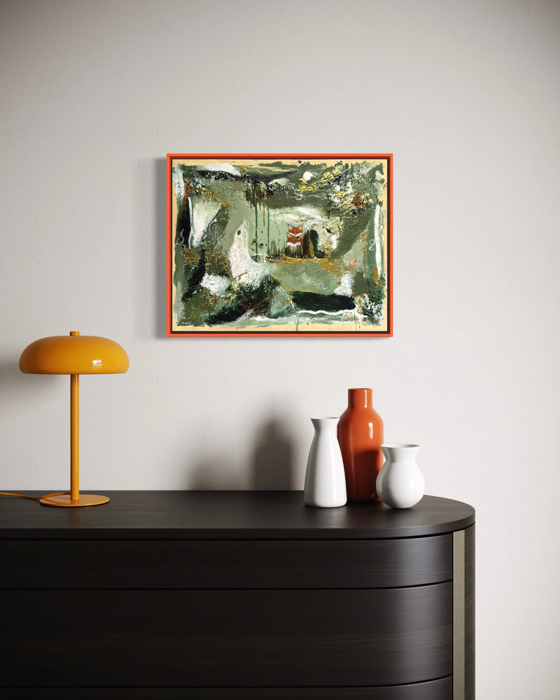 Green and gold abstract painting with fox cubs above a black dresser – Kunst kaufen, Sabrina Tina Richter