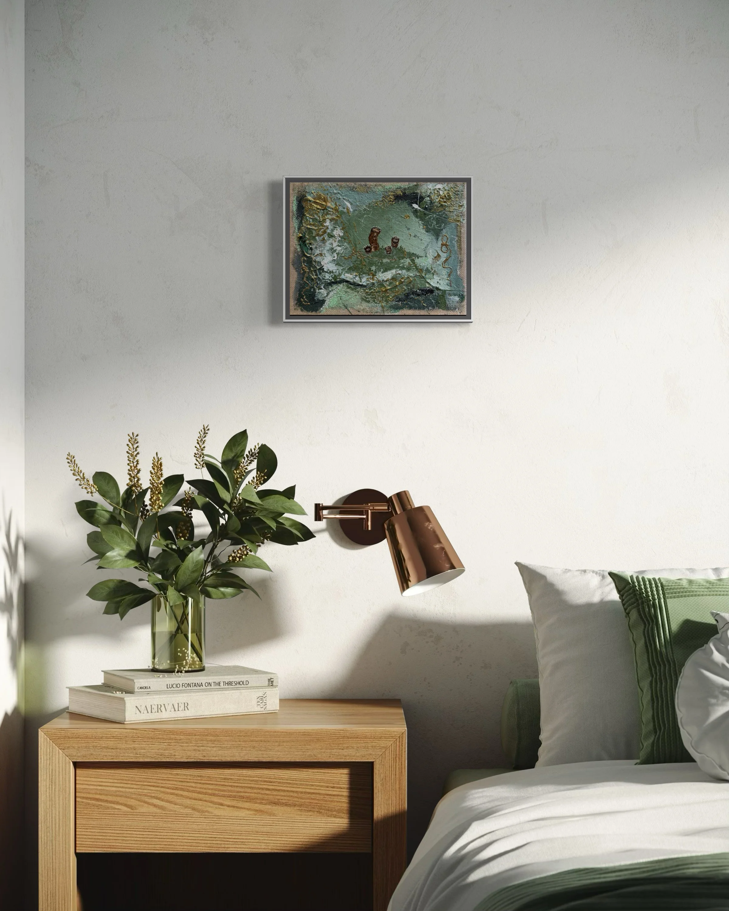 Dangerously Playful – small original forest painting above a bedside table – abstrakte Wandkunst by Sabrina Tina Richter