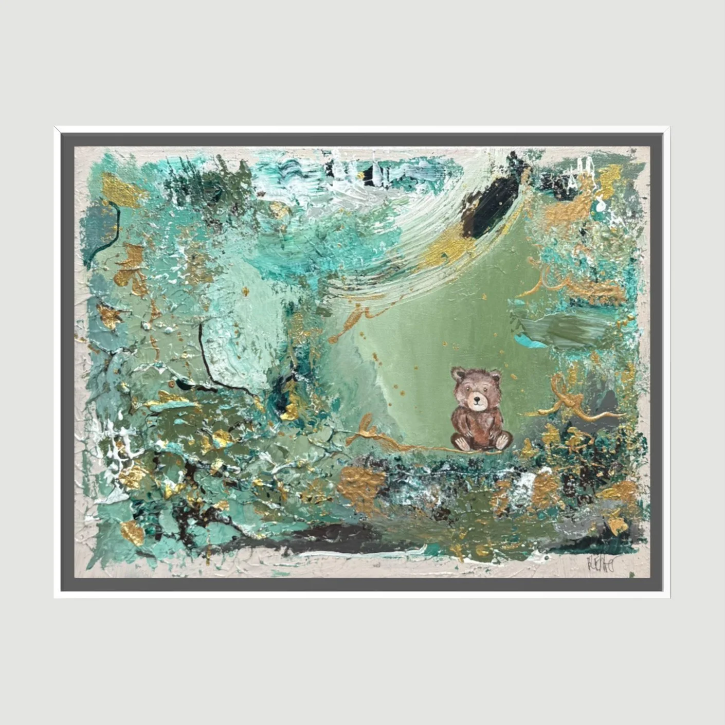 The Quiet Clearing – original abstract painting green white frame by Sabrina Richter, series Seen and Unseen – abstraktes Originalgemälde, Acryl auf Leinwand, Kunst kaufen