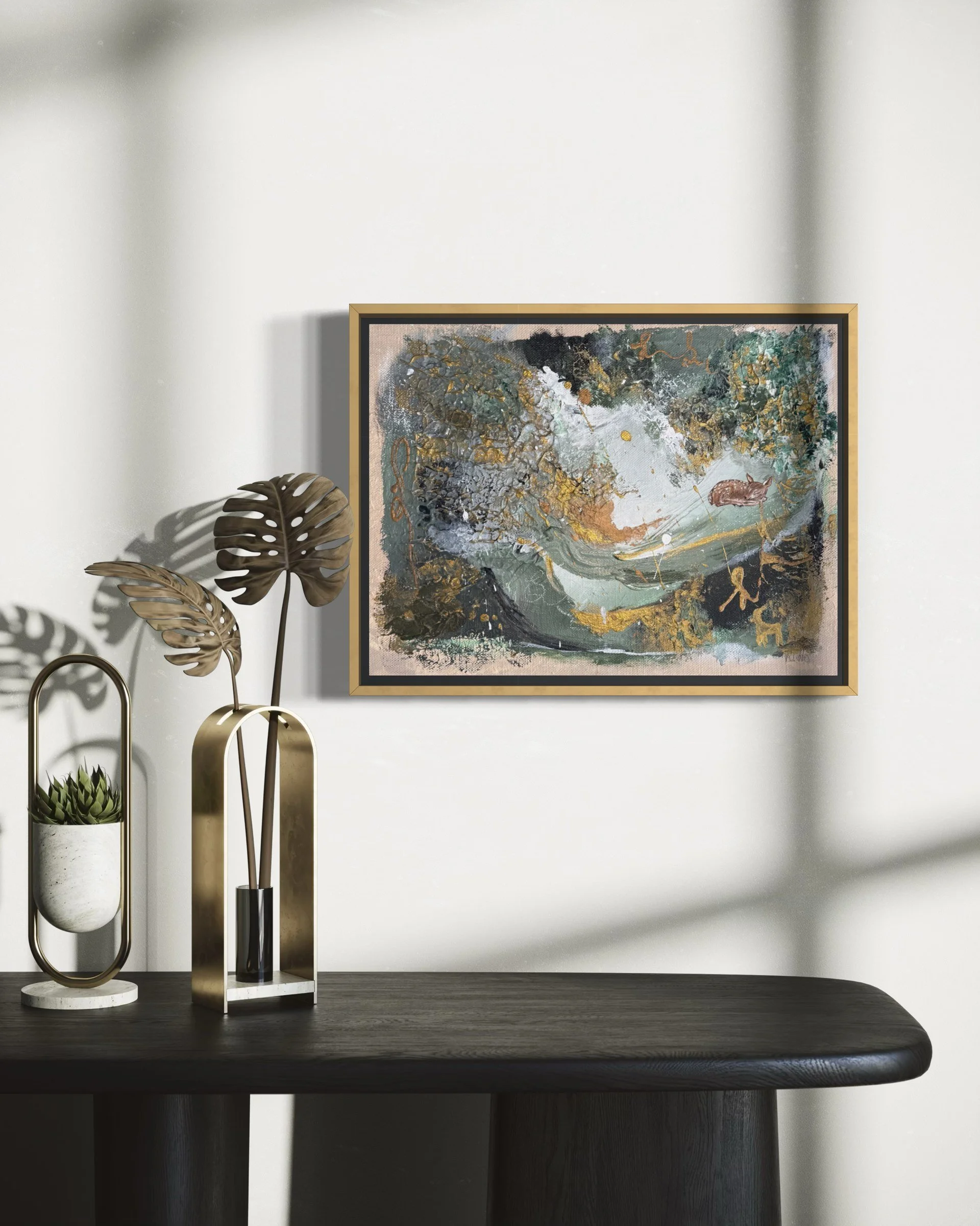 The Art of Awareness interior mockup above a black console table – original painting in green and gold, Kunst kaufen Frankfurt