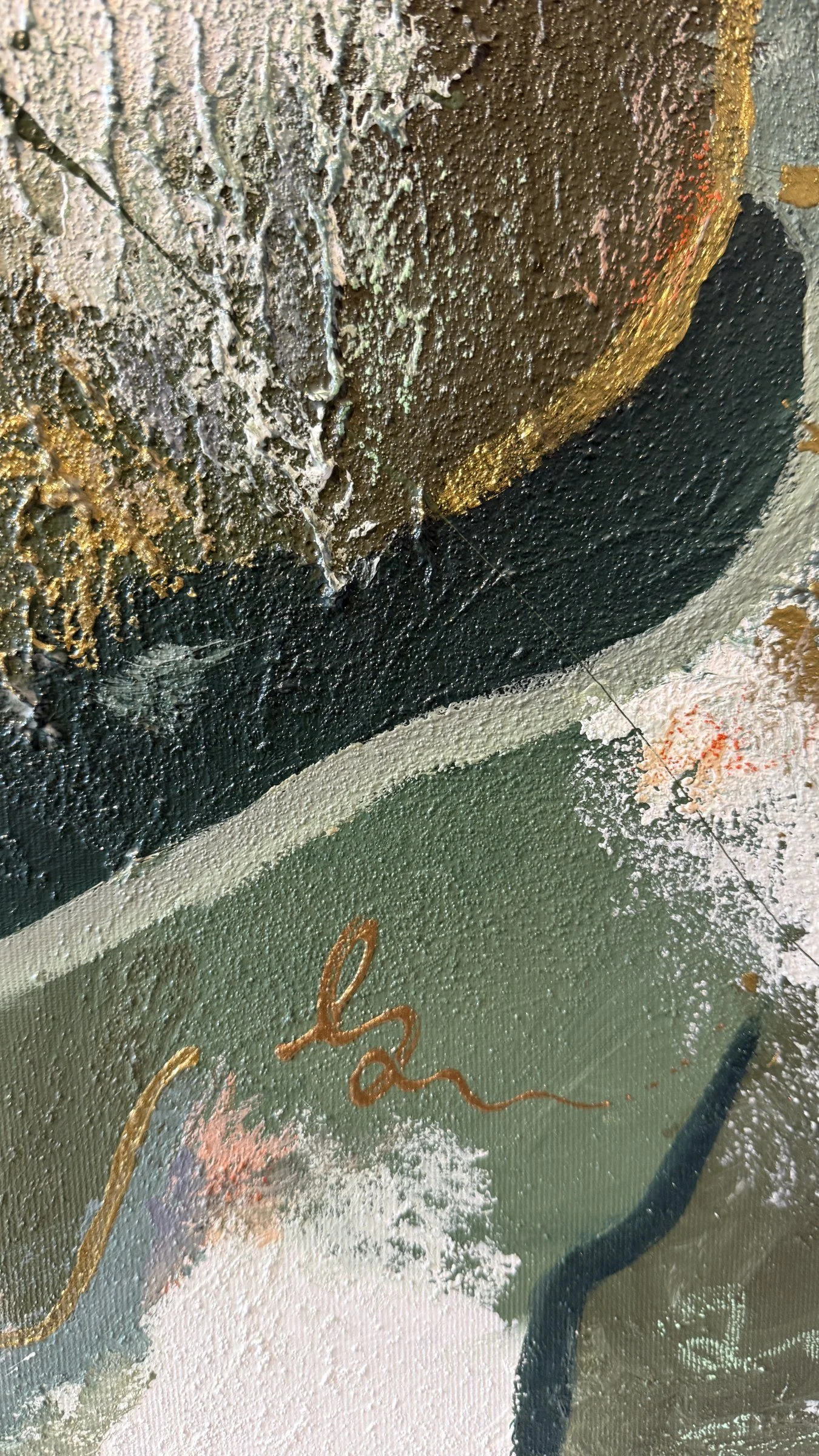 Secrets Have Ears close-up detail – gold texture and green layers in acrylic and oil pastel, original abstract art by Sabrina Richter