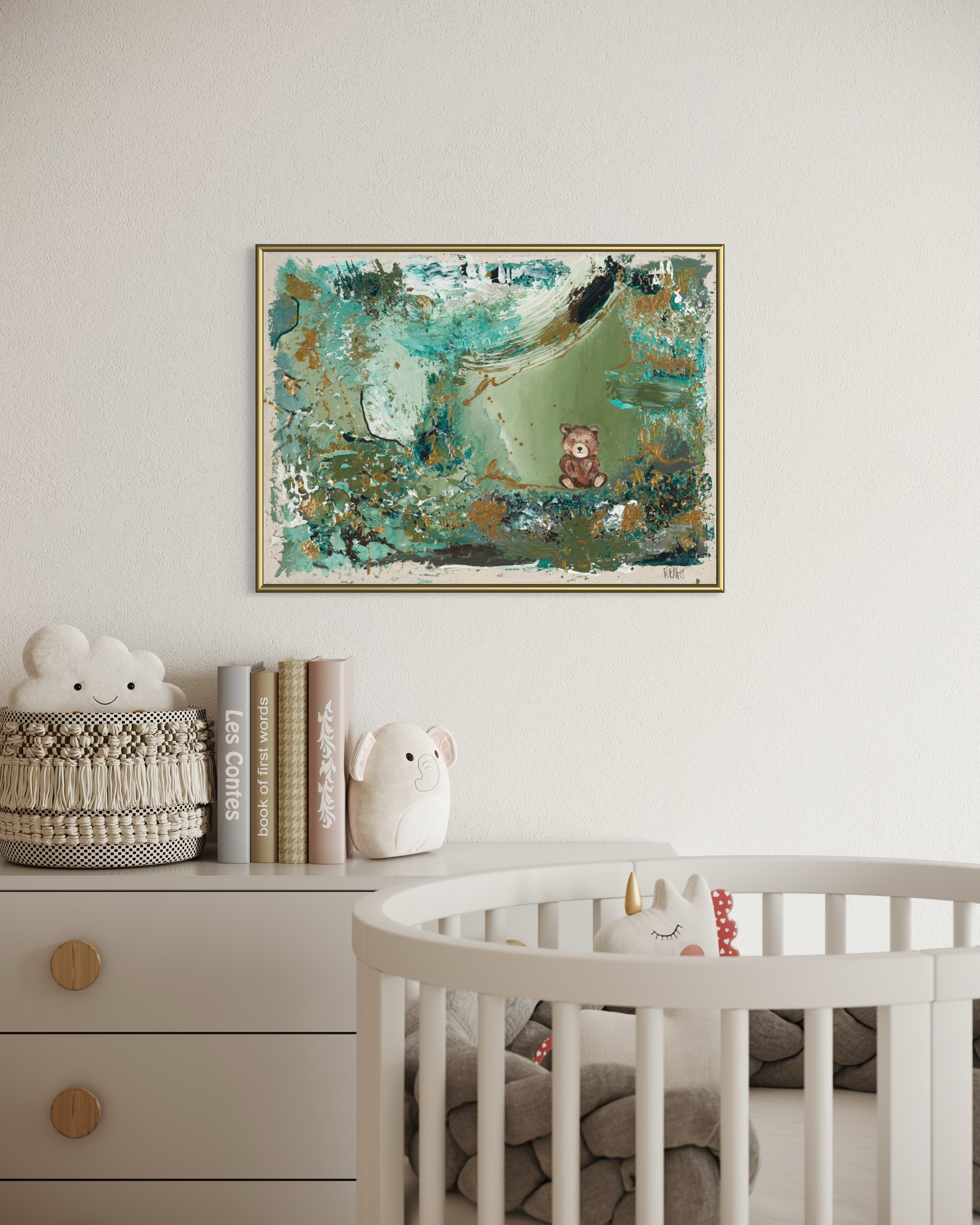 The Quiet Clearing art print with a little bear by Sabrina Richter, framed above a cot in a nursery