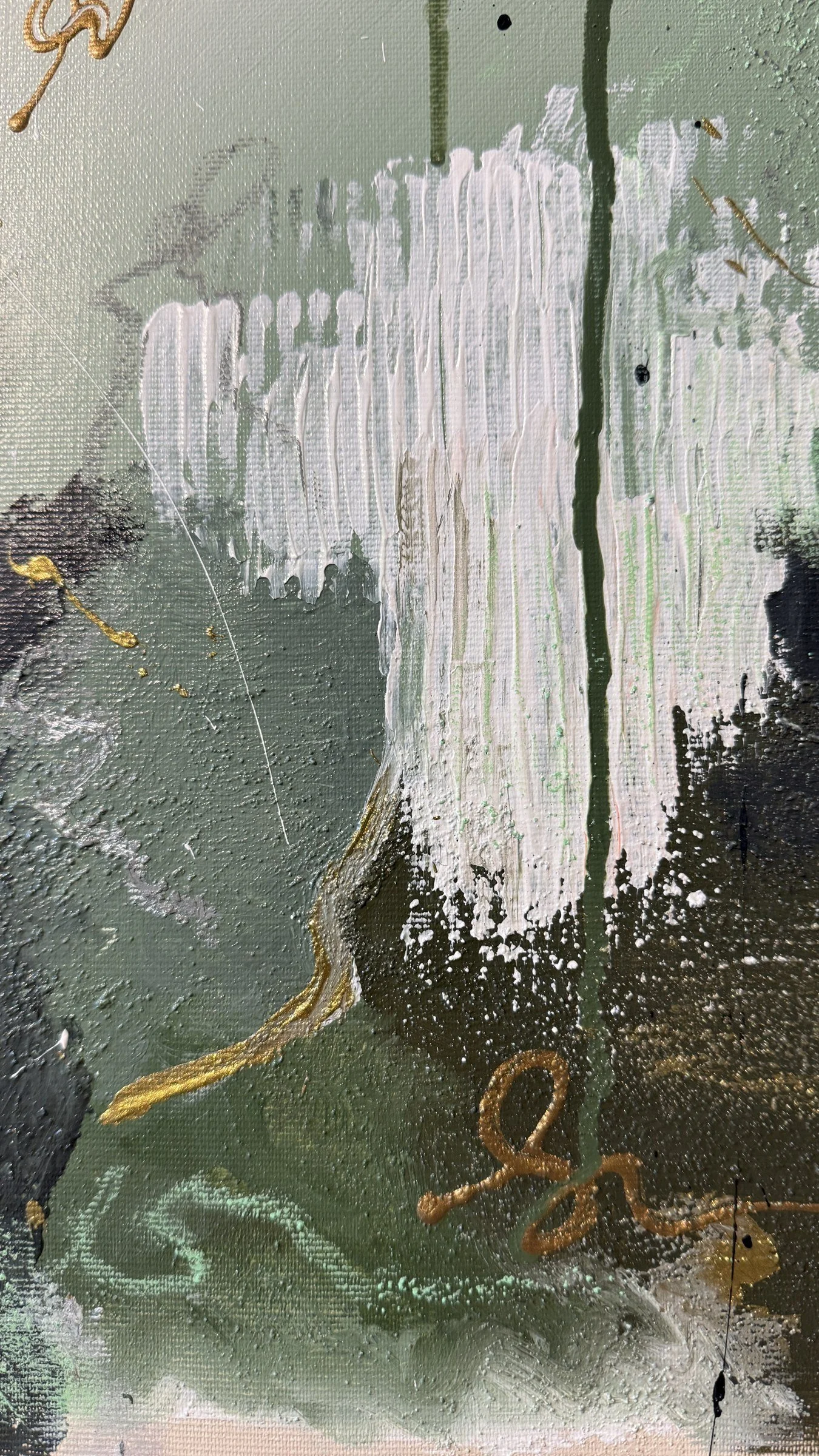 Keep Your Perspective close-up detail – white brushstrokes and gold oil pastel signature lines, original abstract art by Sabrina Richter