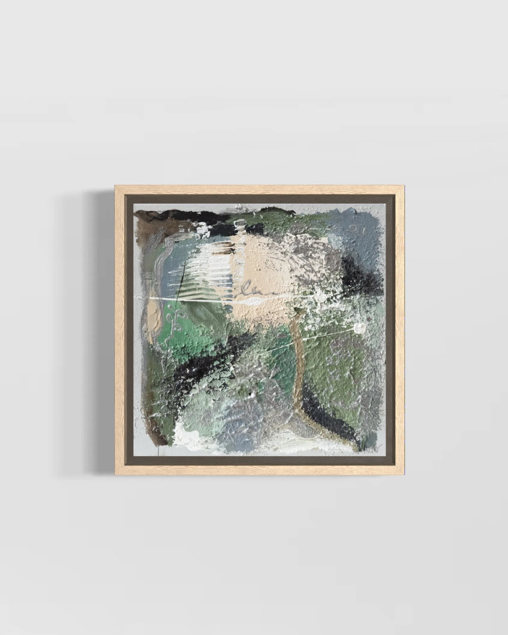 Give It Time – framed original abstract painting 30 × 30 cm in linden wood frame by Sabrina Richter, abstraktes Gemälde in Grün und Beige