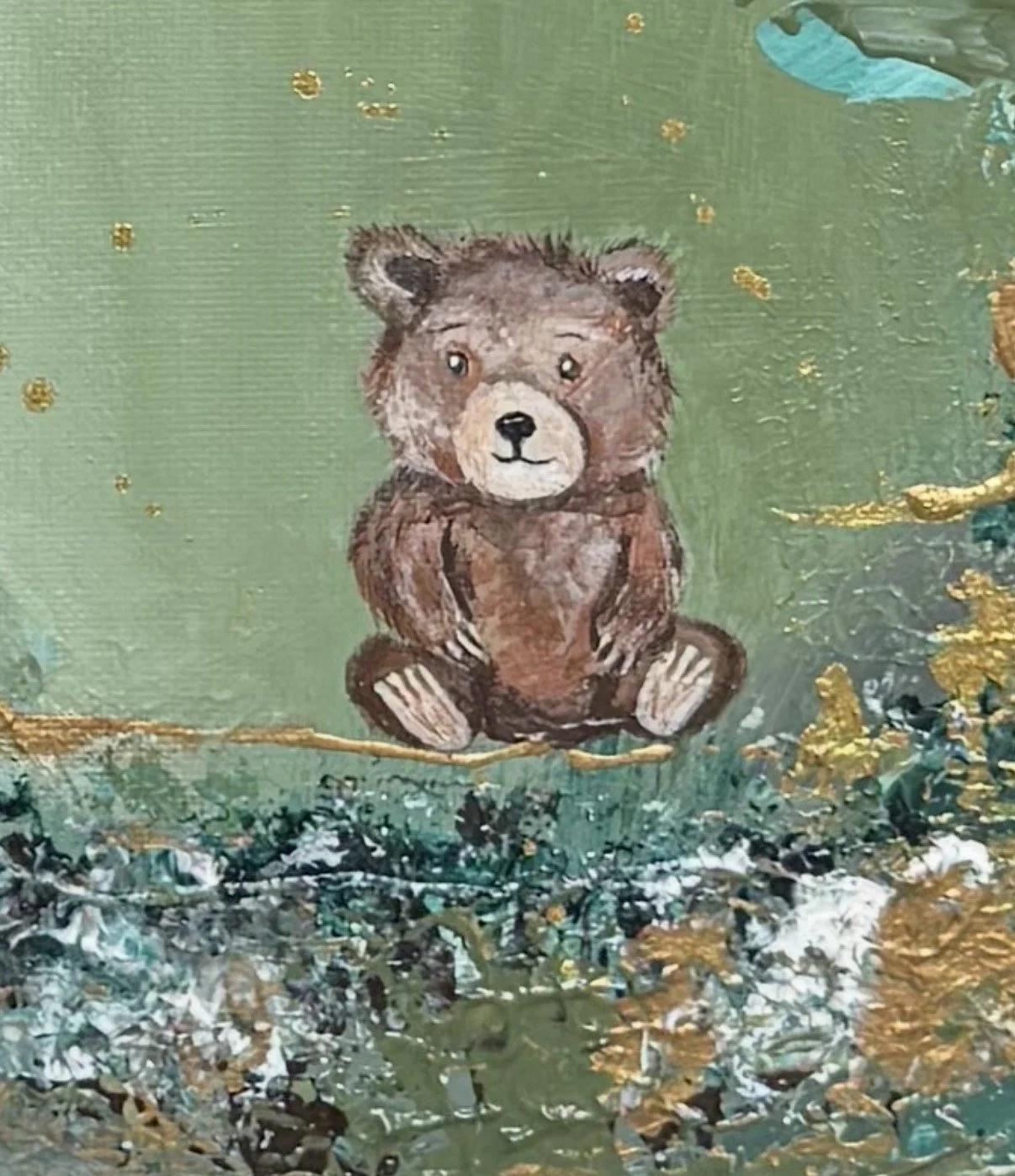 The Quiet Clearing – hidden bear detail by Sabrina Richter, series Seen and Unseen – abstraktes Originalgemälde, Acryl auf Leinwand, Kunst kaufen