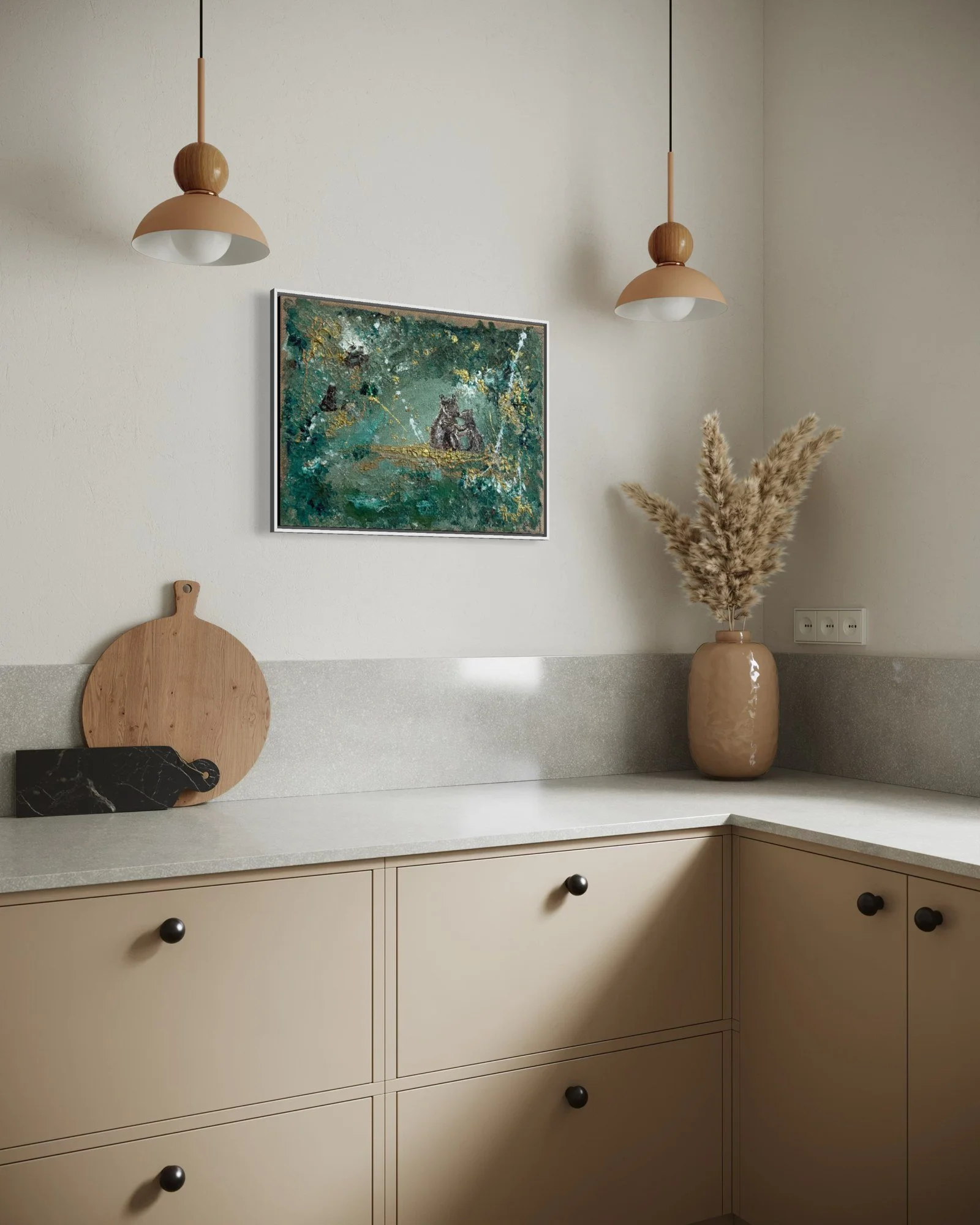 The Promise of Return – framed painting side view by Sabrina Richter, series Secrets of the Forest – abstraktes Originalgemälde, Acryl auf Leinwand, Kunst kaufen