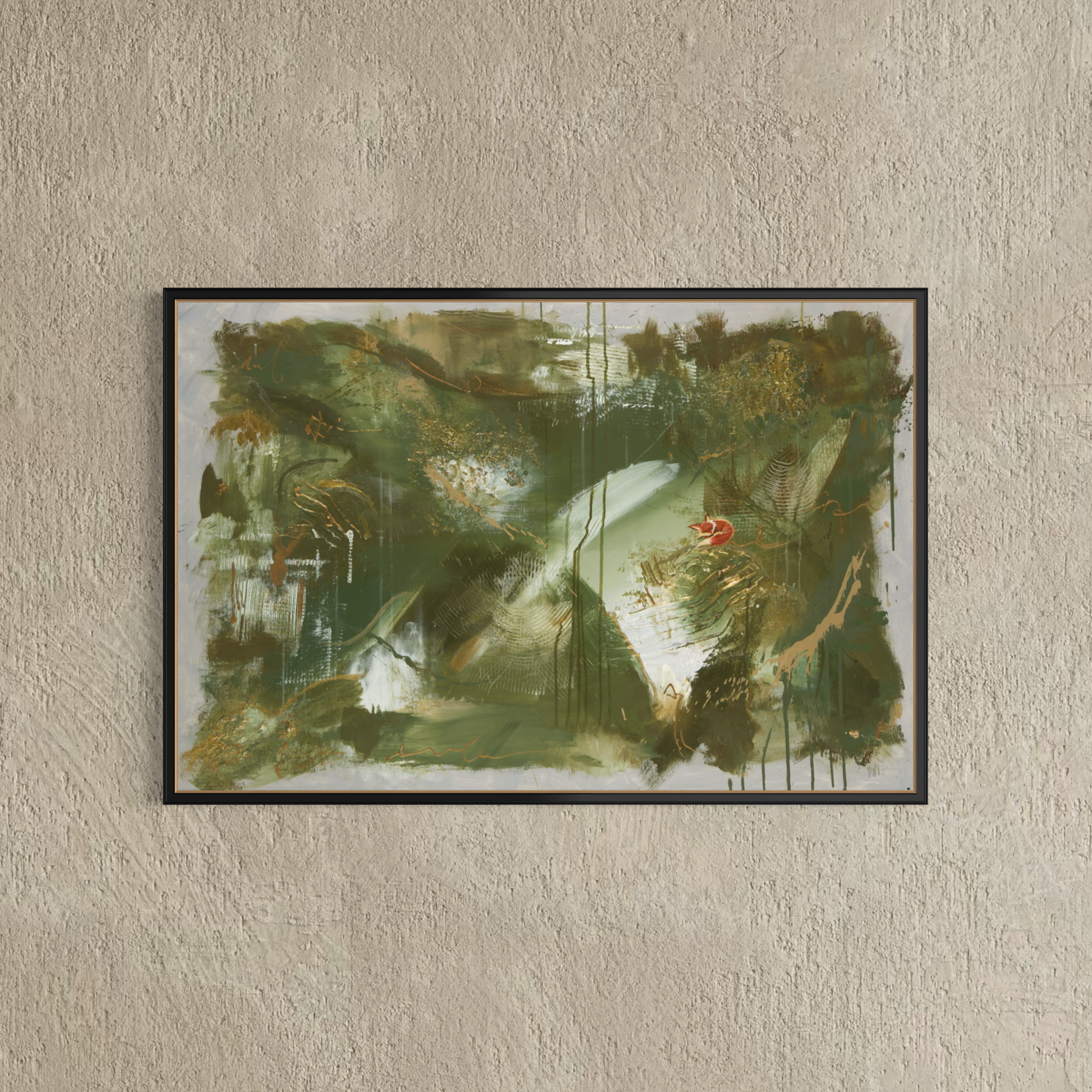 Whispering Beneath the Moss abstract art print by Sabrina Richter in a black frame on a textured wall