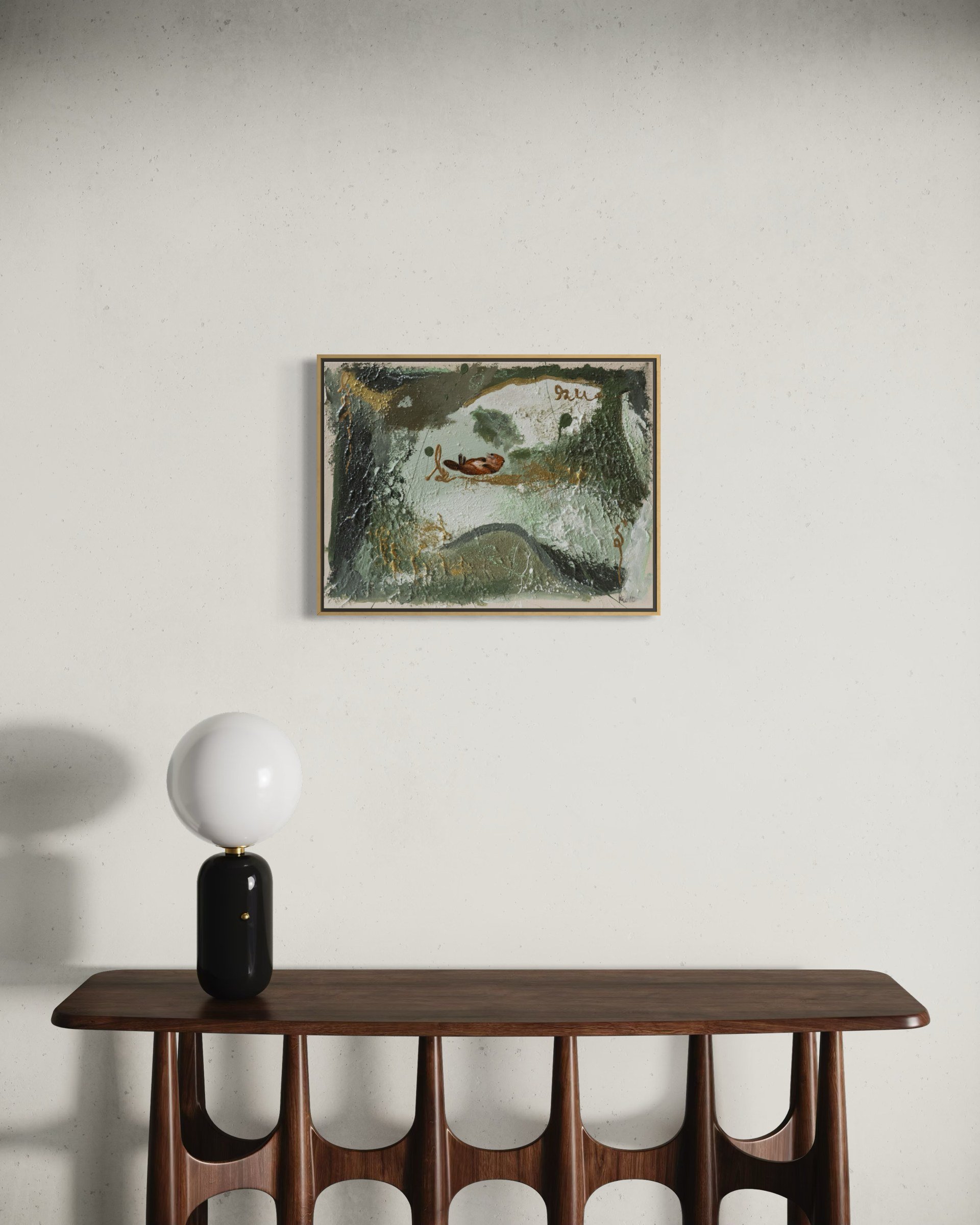 Rest Is Part of the Work interior mockup above a wooden console with a globe lamp – original art by Frankfurt artist Sabrina Richter
