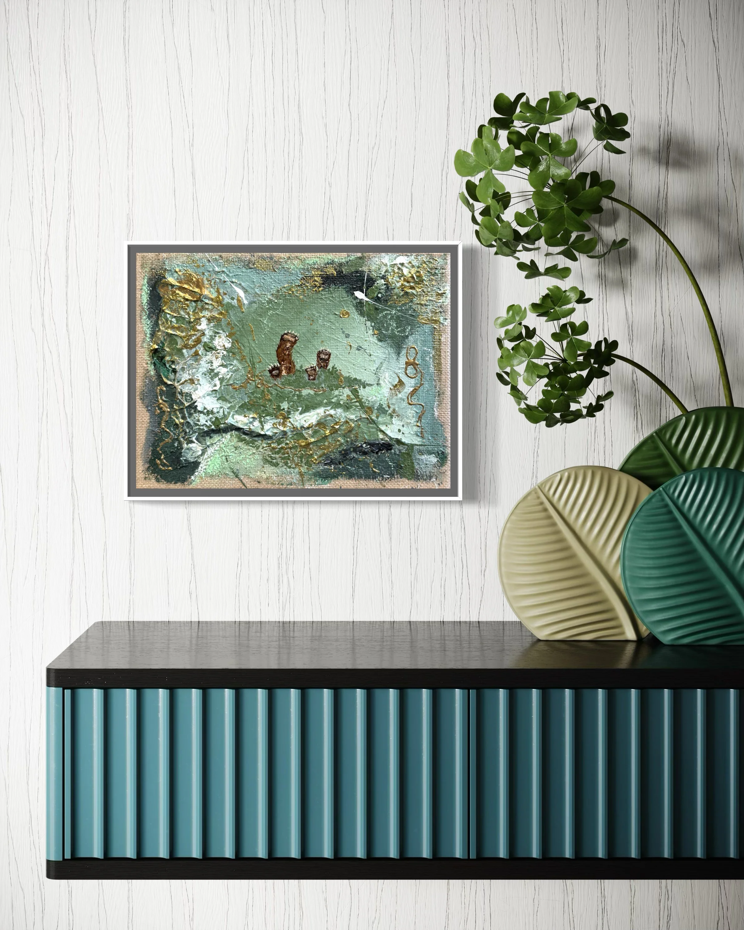 Dangerously Playful – green and gold original wall art in a modern interior – Secrets of the Forest series