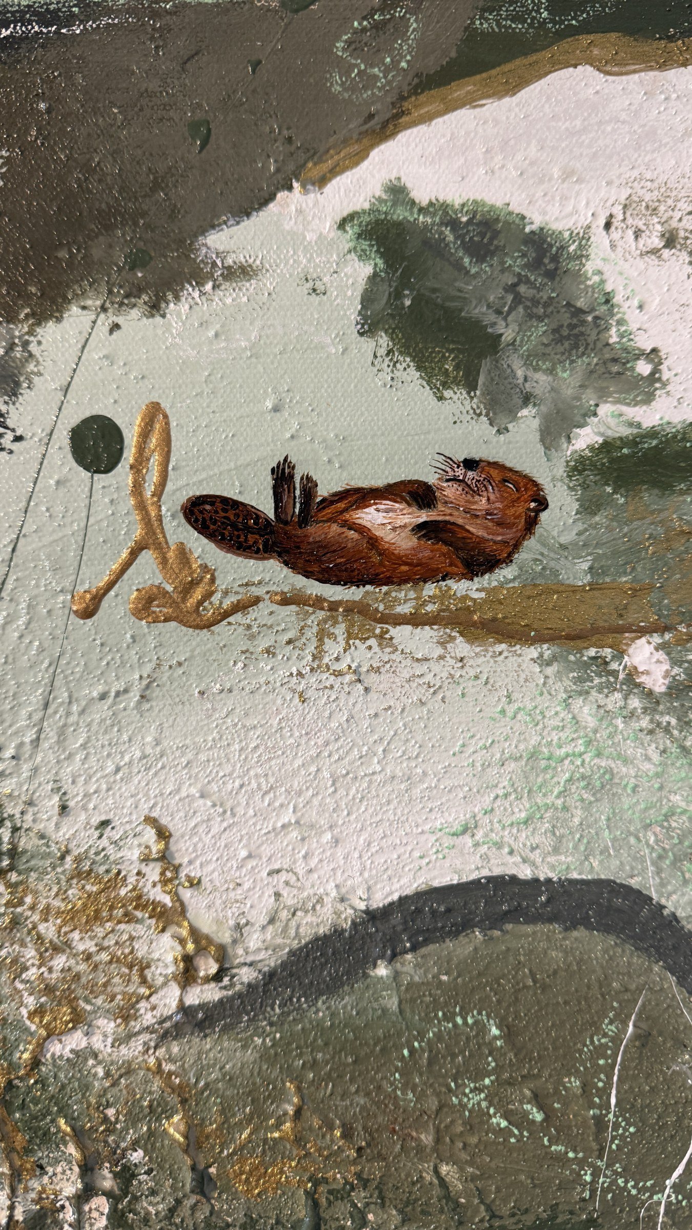 Rest Is Part of the Work close-up detail of the resting beaver painted in oil pastel with gold lines, Biber Malerei by Sabrina Richter