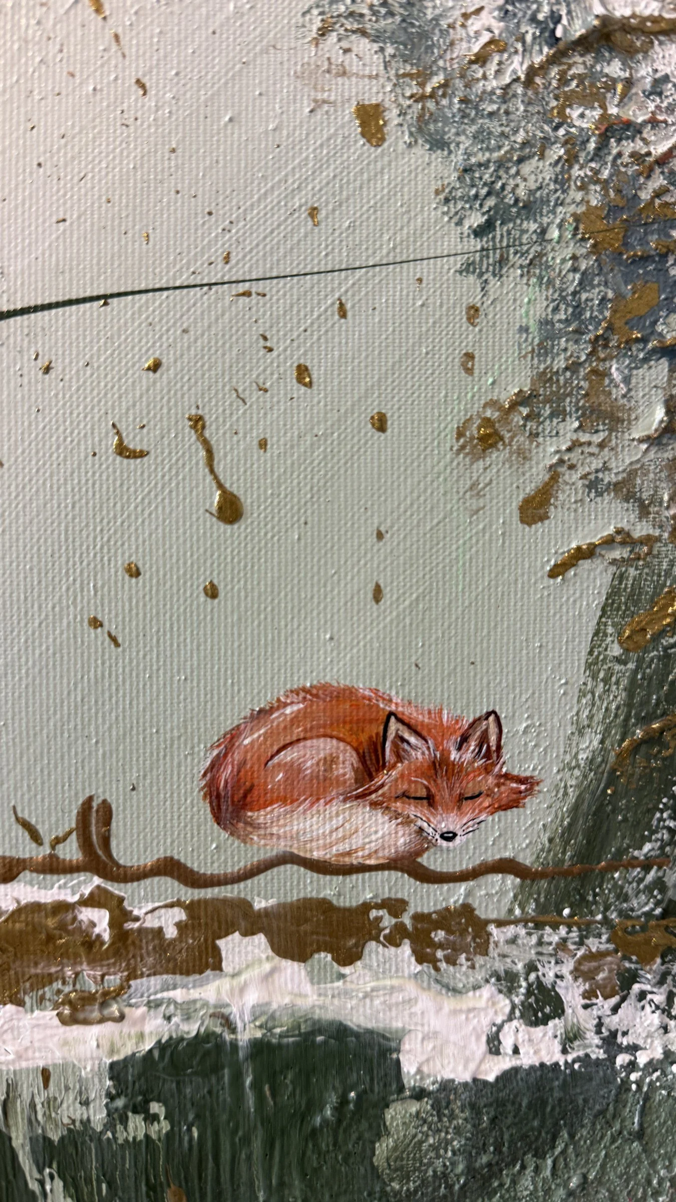 Secrets Have Ears close-up detail of the sleeping red fox on a gold branch in oil pastel, Fuchs Malerei by Sabrina Richter