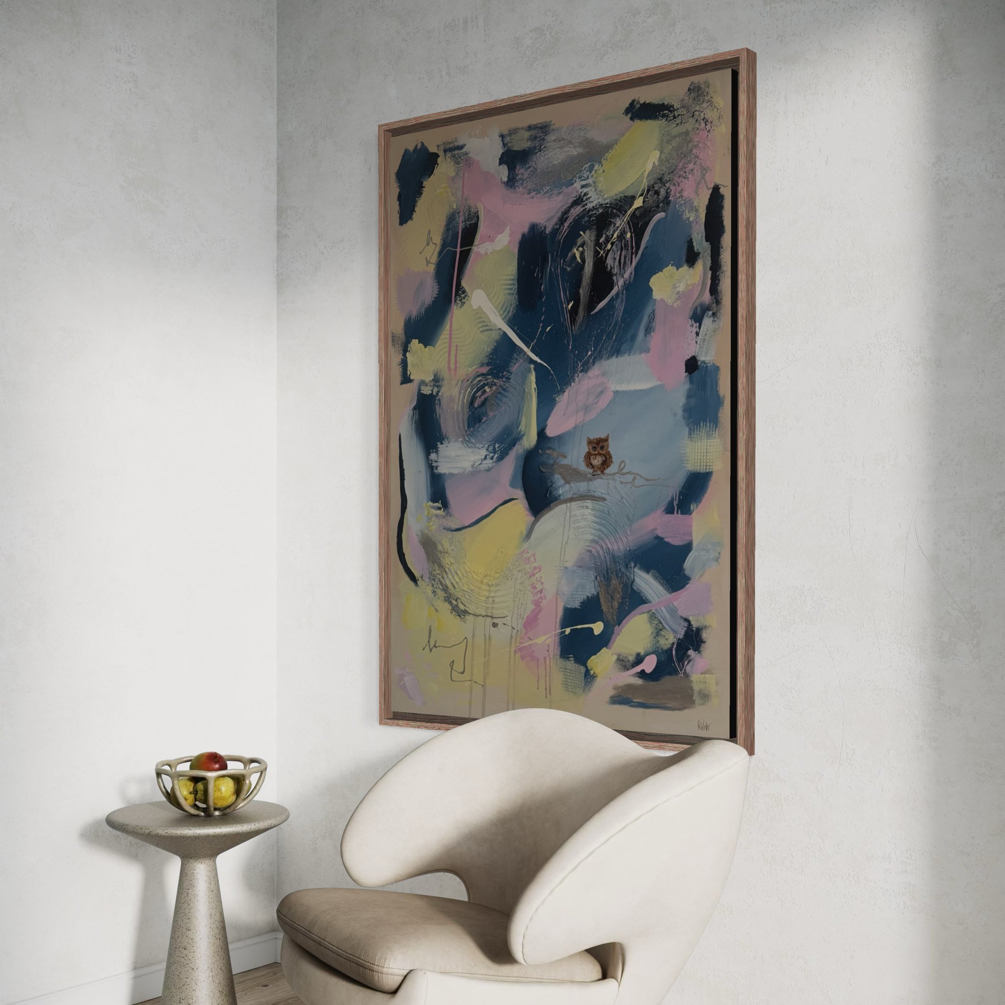 Cotton Candy Sky – framed painting side view by Sabrina Richter, series Seen and Unseen – abstraktes Originalgemälde, Acryl auf Leinwand, Kunst kaufen