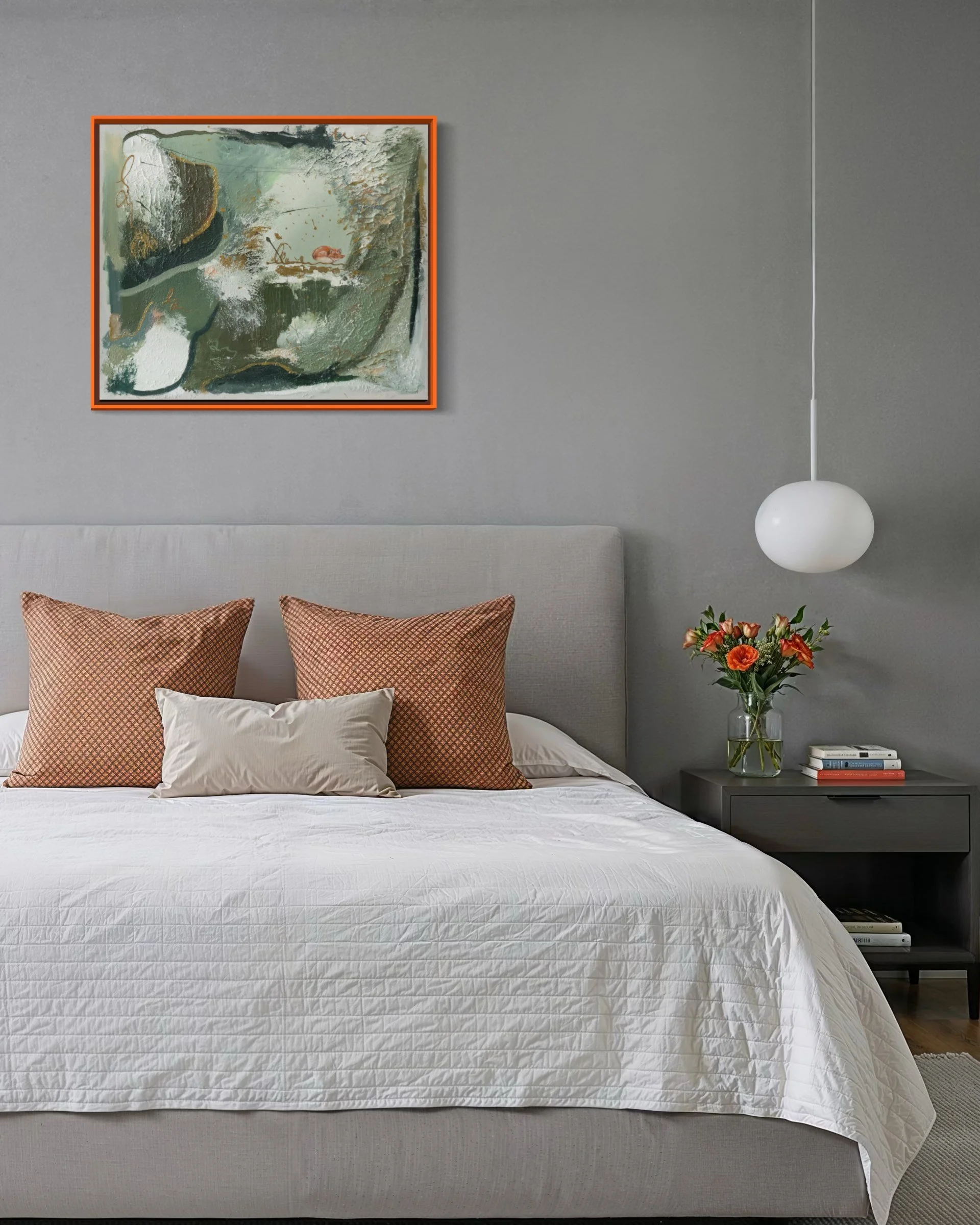 Secrets Have Ears interior mockup above a bed in a grey bedroom – green abstract painting with fox, Schlafzimmer Bild by Sabrina Richter