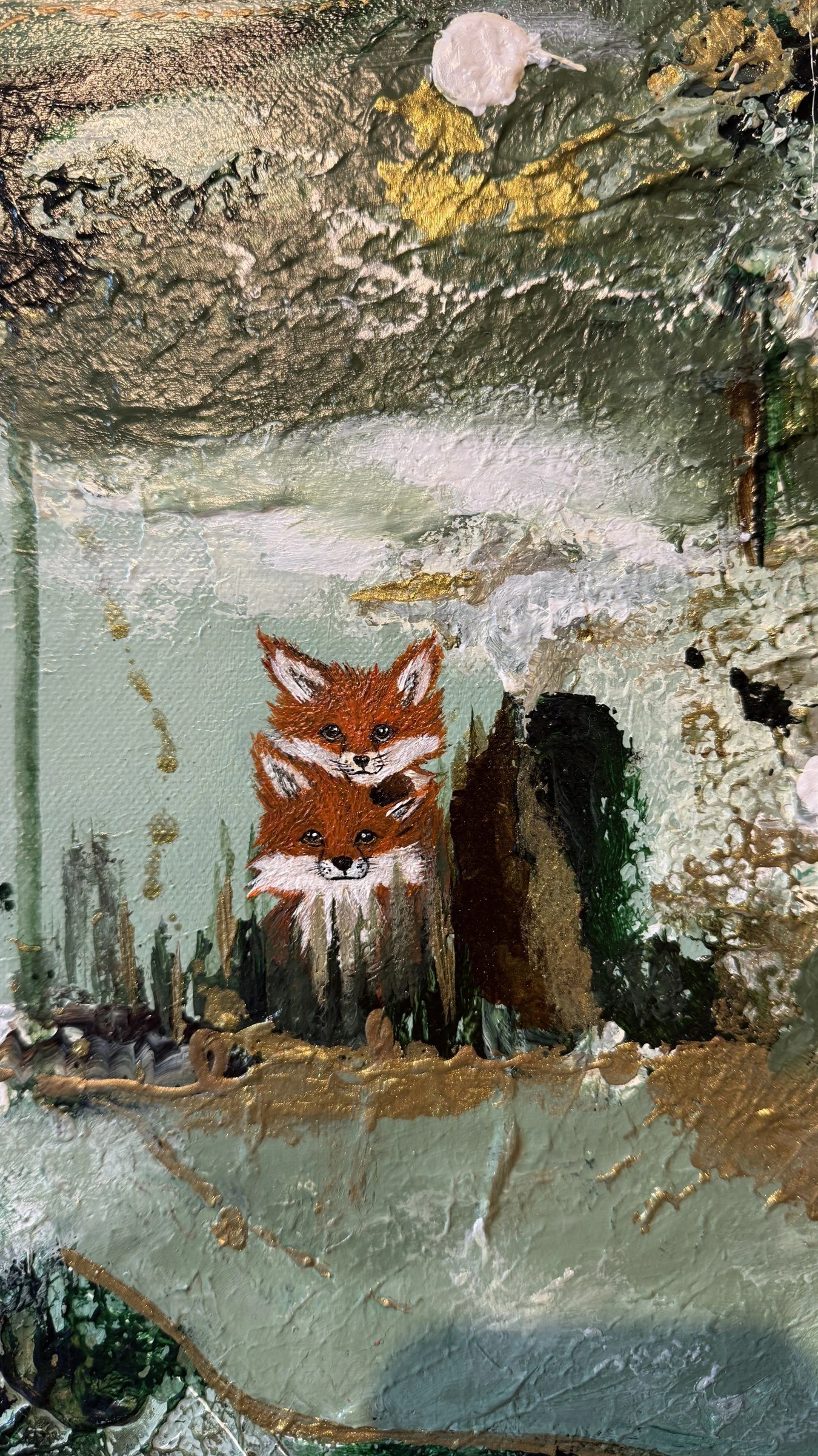 A Bond Beyond Words close-up detail of two fox cubs peeking out between the trees in oil pastel, Fuchs Malerei by Sabrina Richter