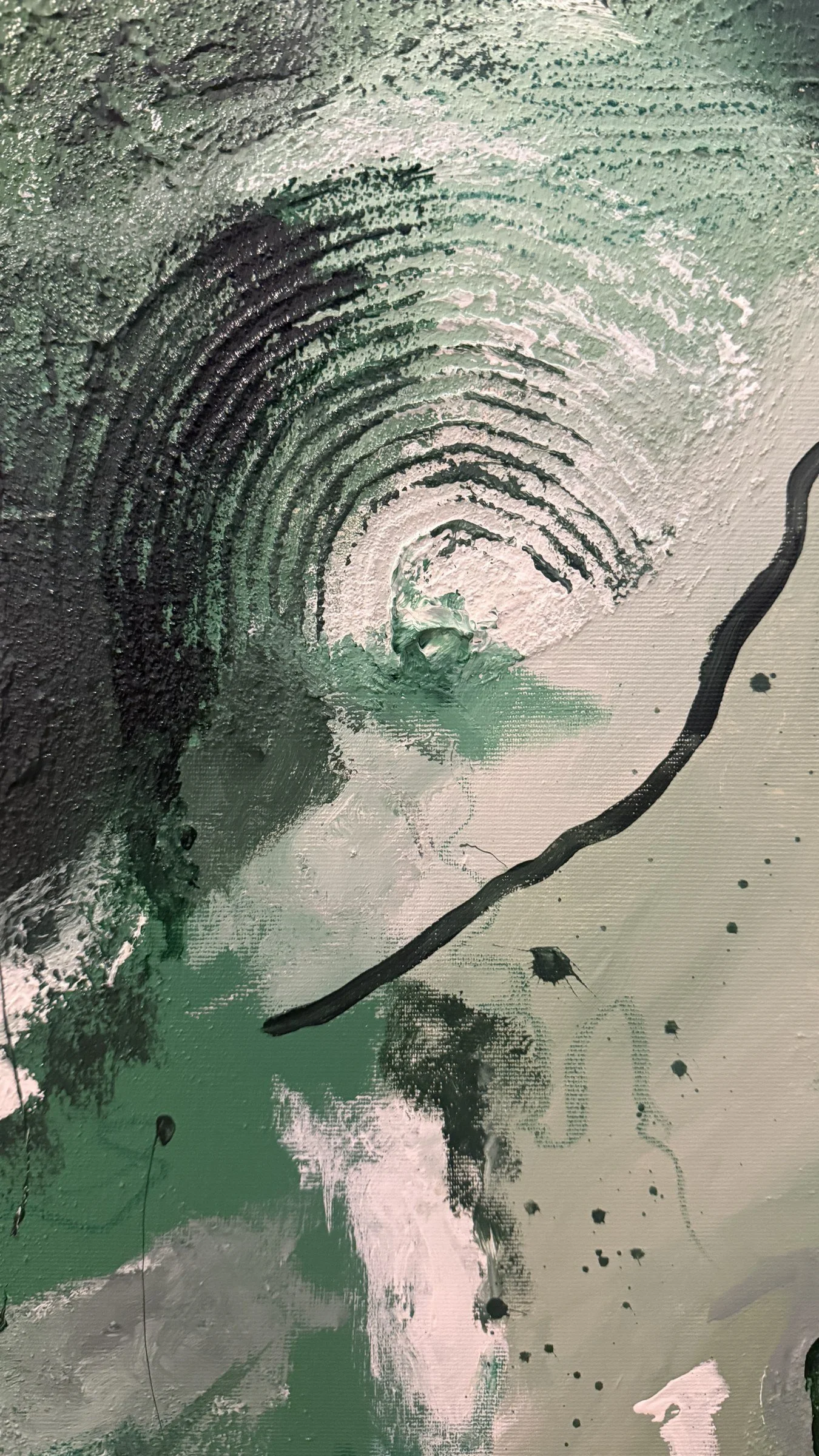 The Many Shades of Life close-up detail – carved circles in green and blush paint, original abstract art by Frankfurt artist Sabrina Richter
