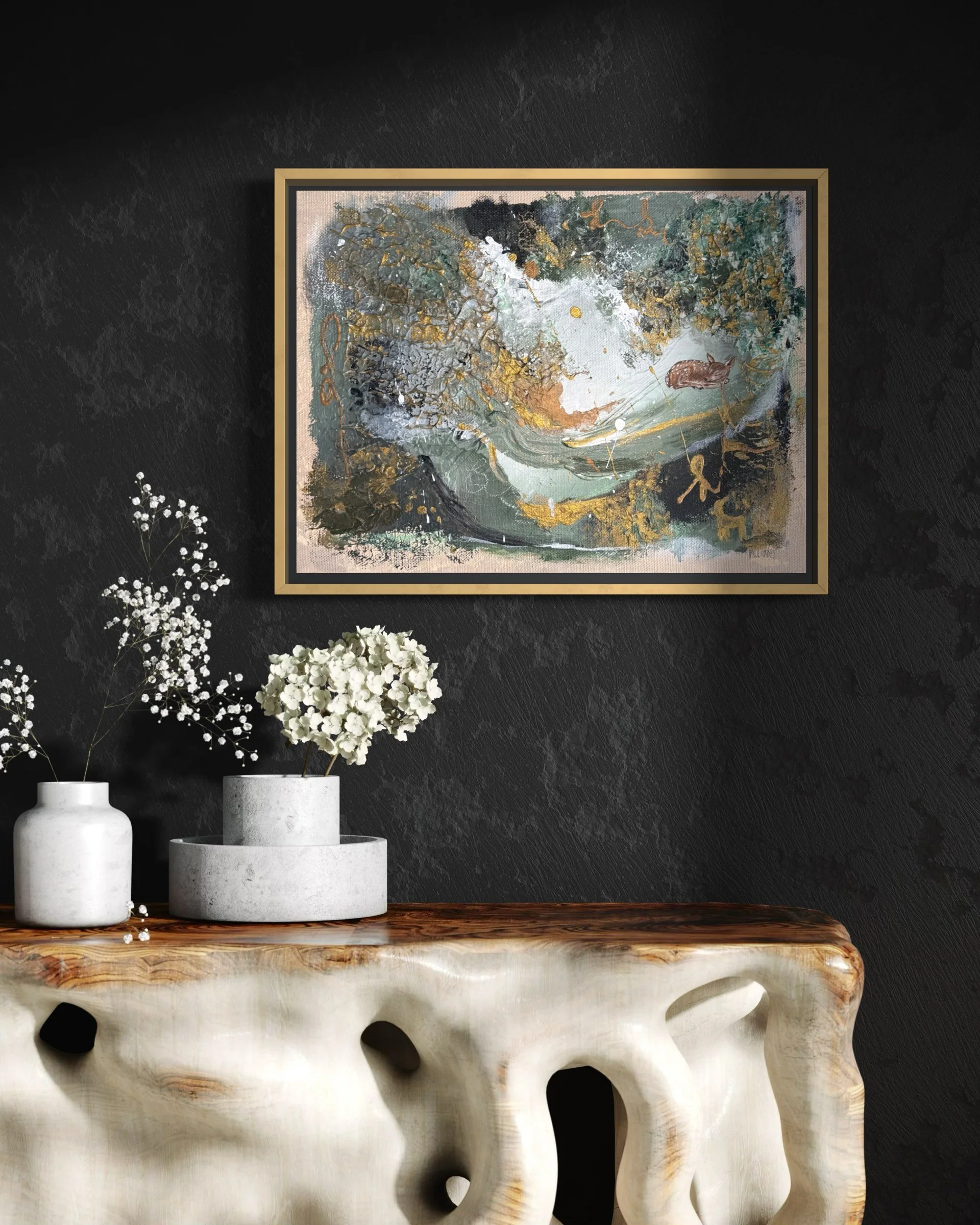 The Art of Awareness interior mockup on a dark wall above a sculptural console – gold framed abstract art, Wandbild by Sabrina Richter