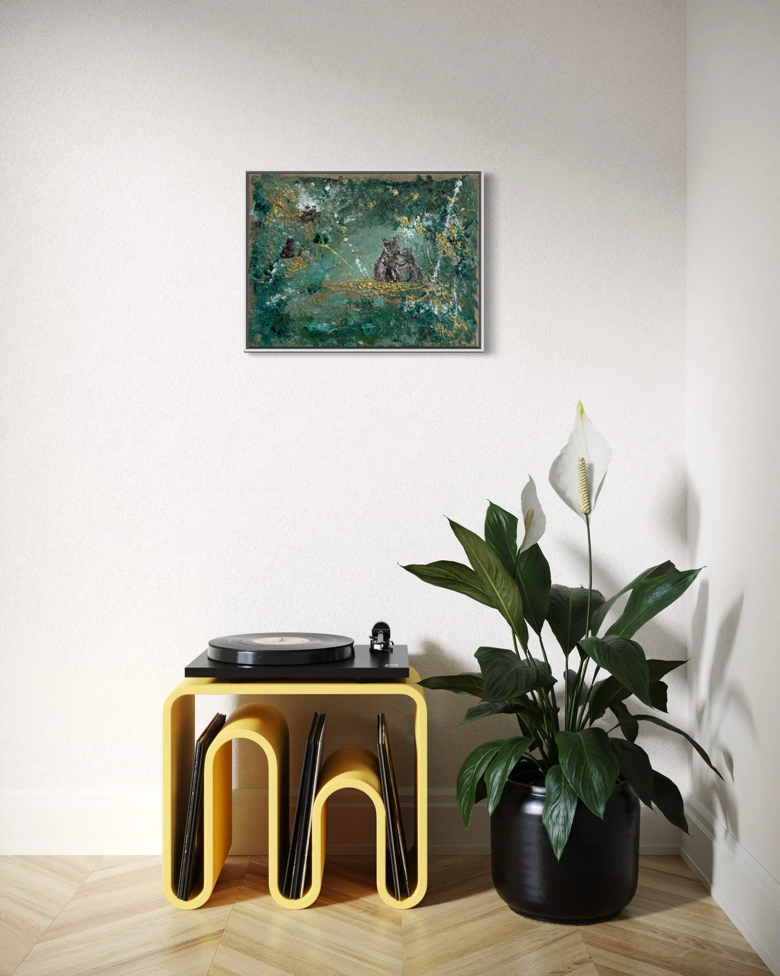 The Promise of Return – wall art above record player by Sabrina Richter, series Secrets of the Forest – abstraktes Originalgemälde, Acryl auf Leinwand, Kunst kaufen