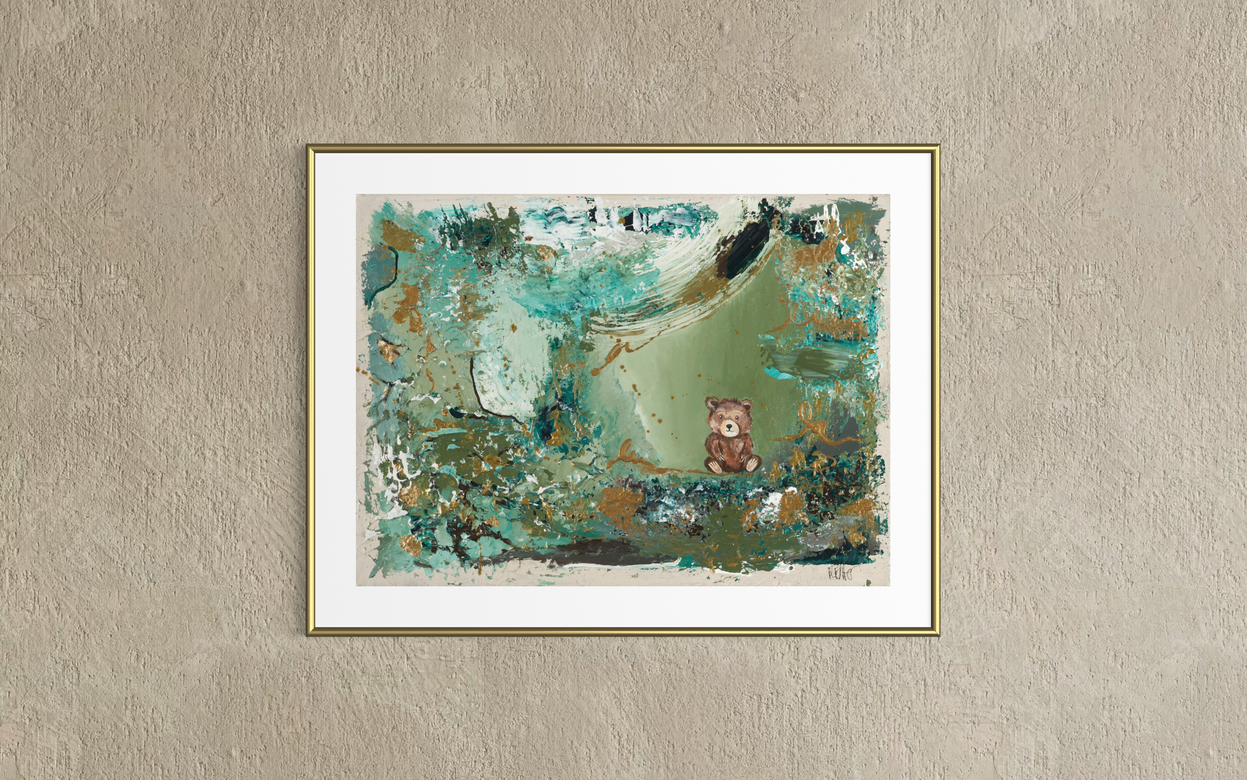 The Quiet Clearing fine art print by Sabrina Richter in a gold frame, green abstract painting with a hidden bear