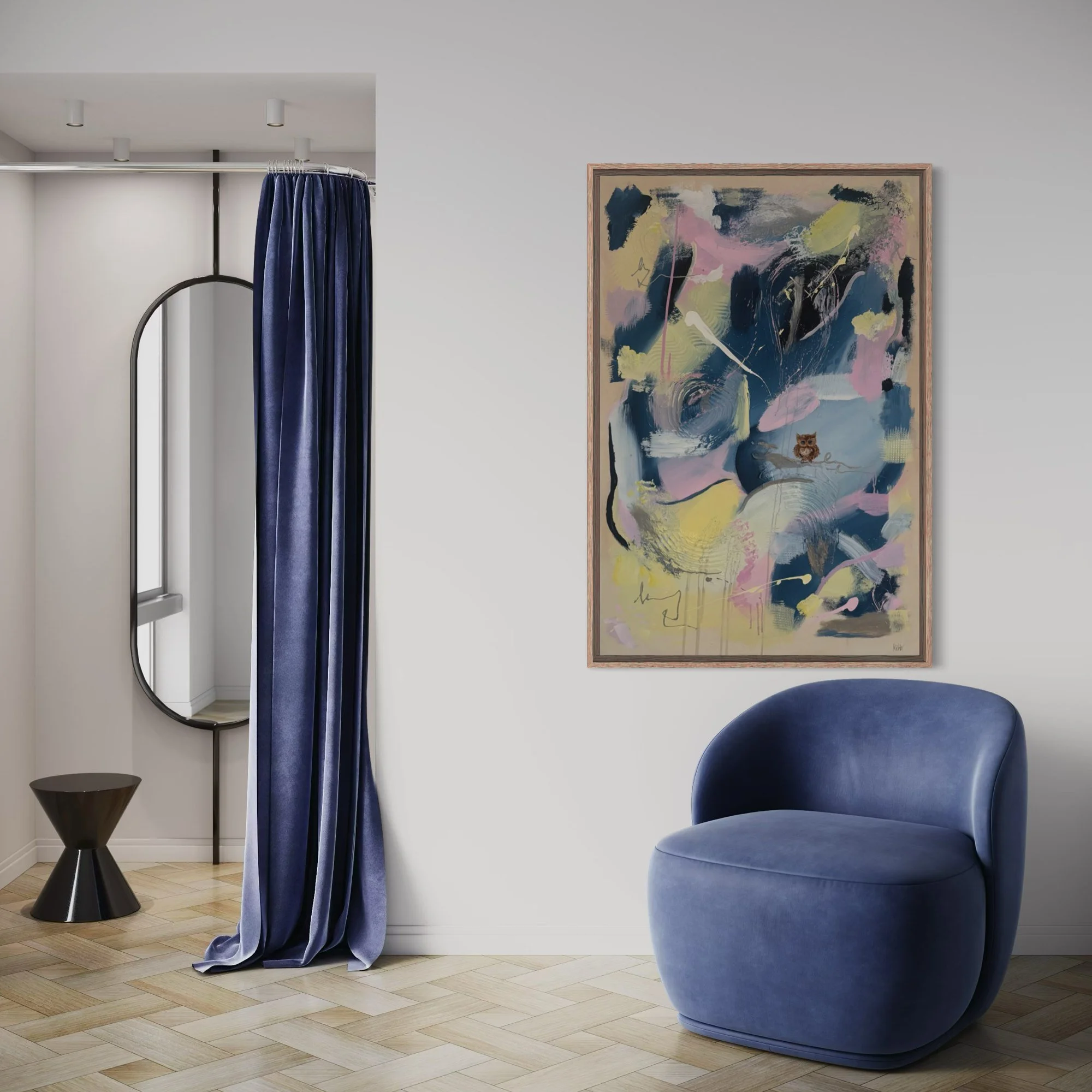 Cotton Candy Sky – wall art blue armchair by Sabrina Richter, series Seen and Unseen – abstraktes Originalgemälde, Acryl auf Leinwand, Kunst kaufen