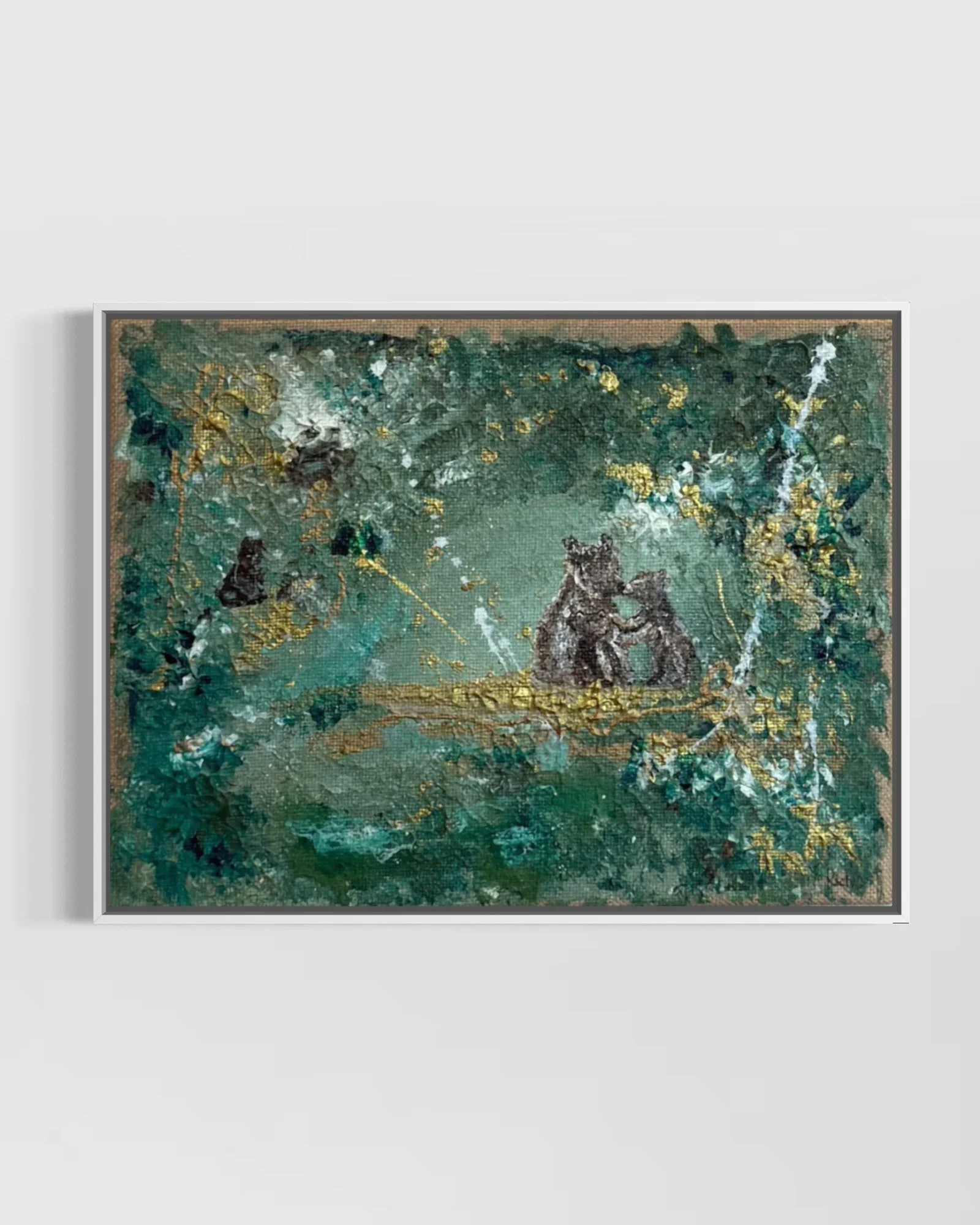 The Promise of Return – white wooden frame original by Sabrina Richter, series Secrets of the Forest – abstraktes Originalgemälde, Acryl auf Leinwand, Kunst kaufen