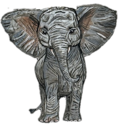 Drawing of an elephant with large ears and trunk.
