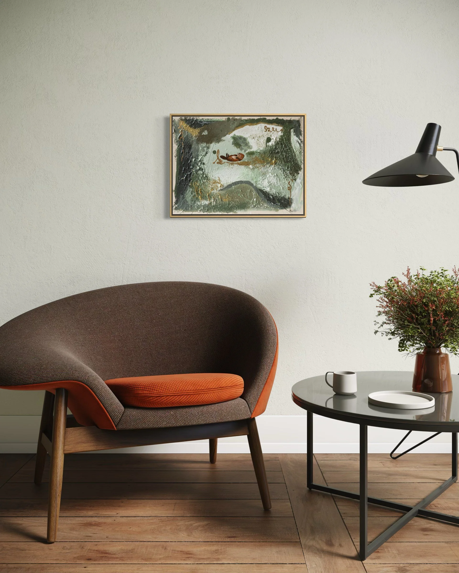 Rest Is Part of the Work interior mockup above a brown lounge chair with orange cushion – abstract wall art, Wandbild by Sabrina Richter