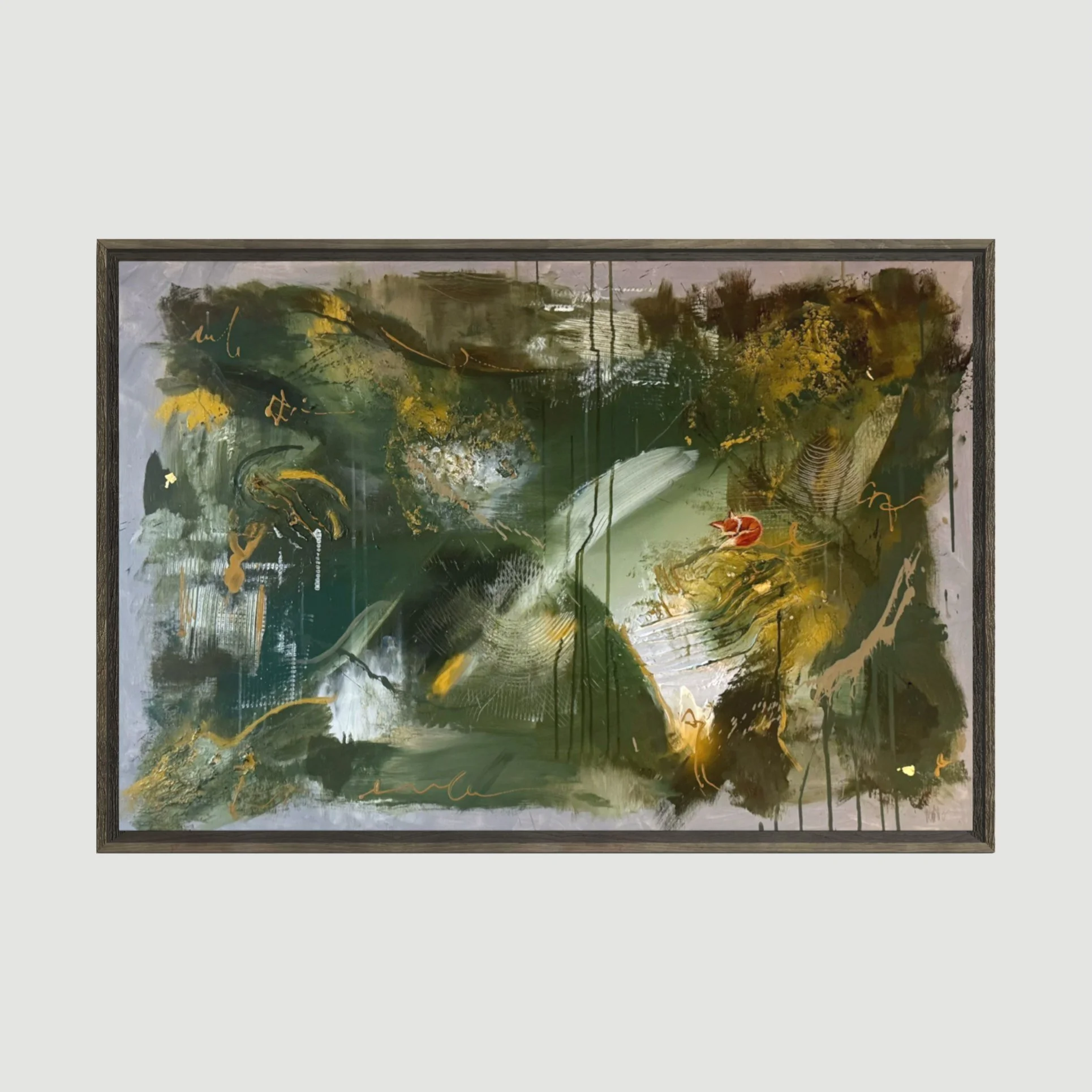 Whispering Beneath the Moss – original abstract painting green gold by Sabrina Richter, series Seen and Unseen – abstraktes Originalgemälde, Acryl auf Leinwand, Kunst kaufen