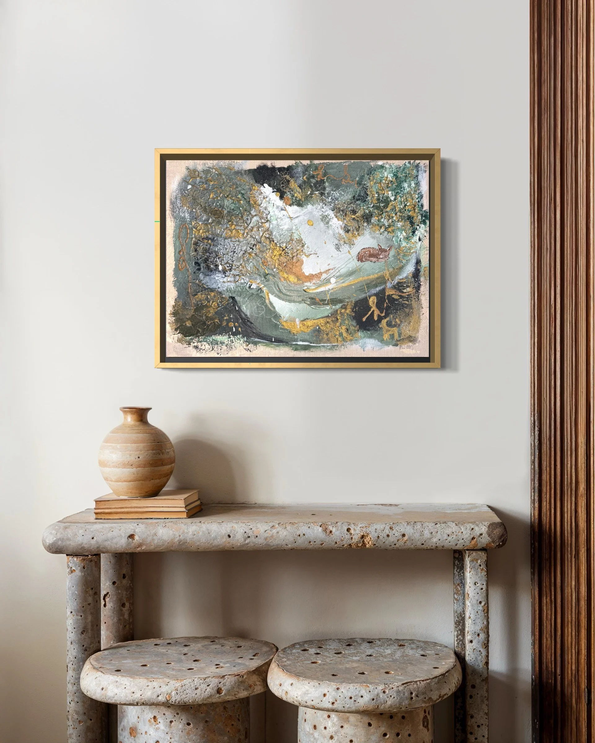 The Art of Awareness interior mockup in a bright hallway with a stone bench – original abstract art by Frankfurt artist Sabrina Richter