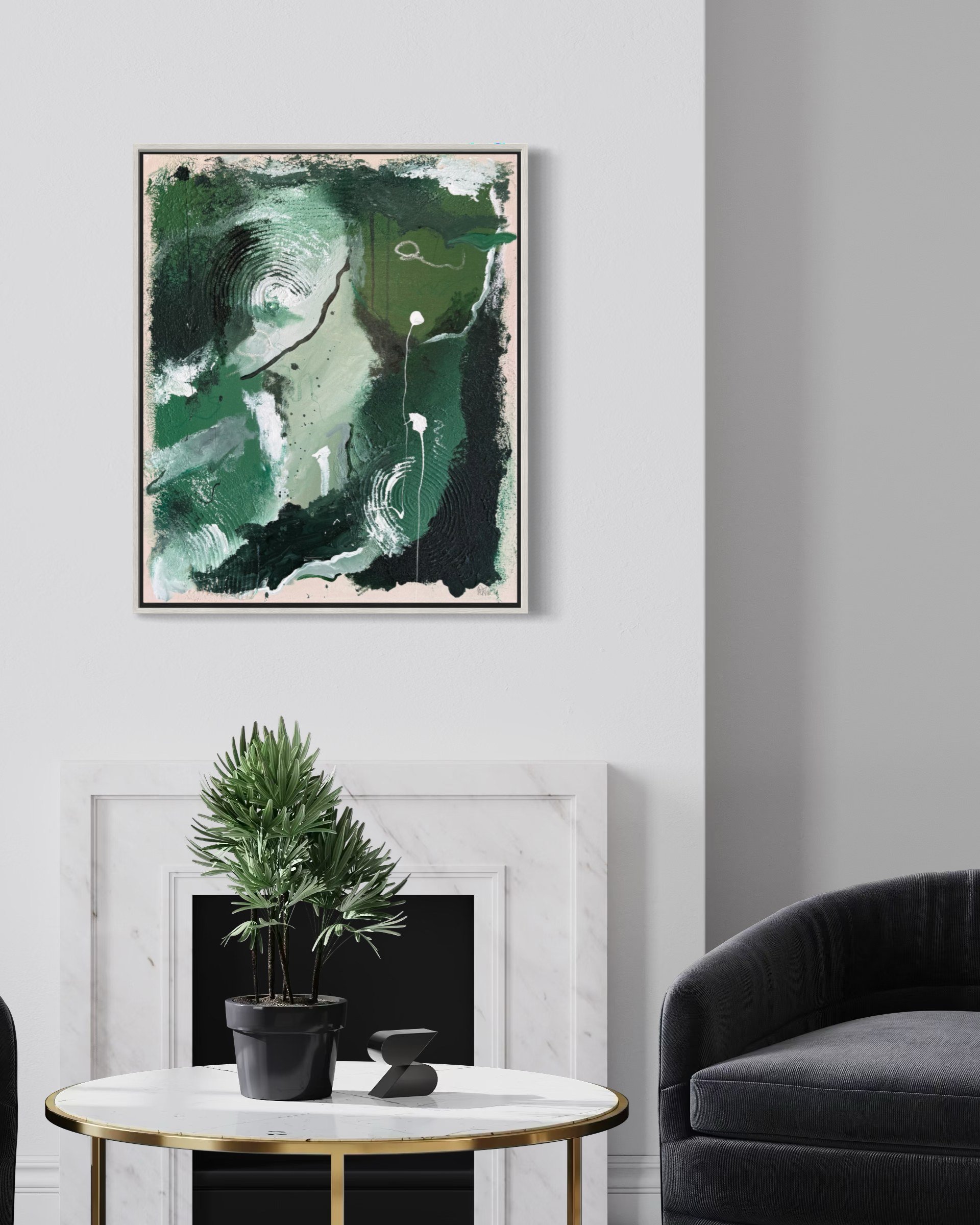 The Many Shades of Life interior mockup above a white fireplace – large green abstract wall art, Wandbild by Sabrina Richter