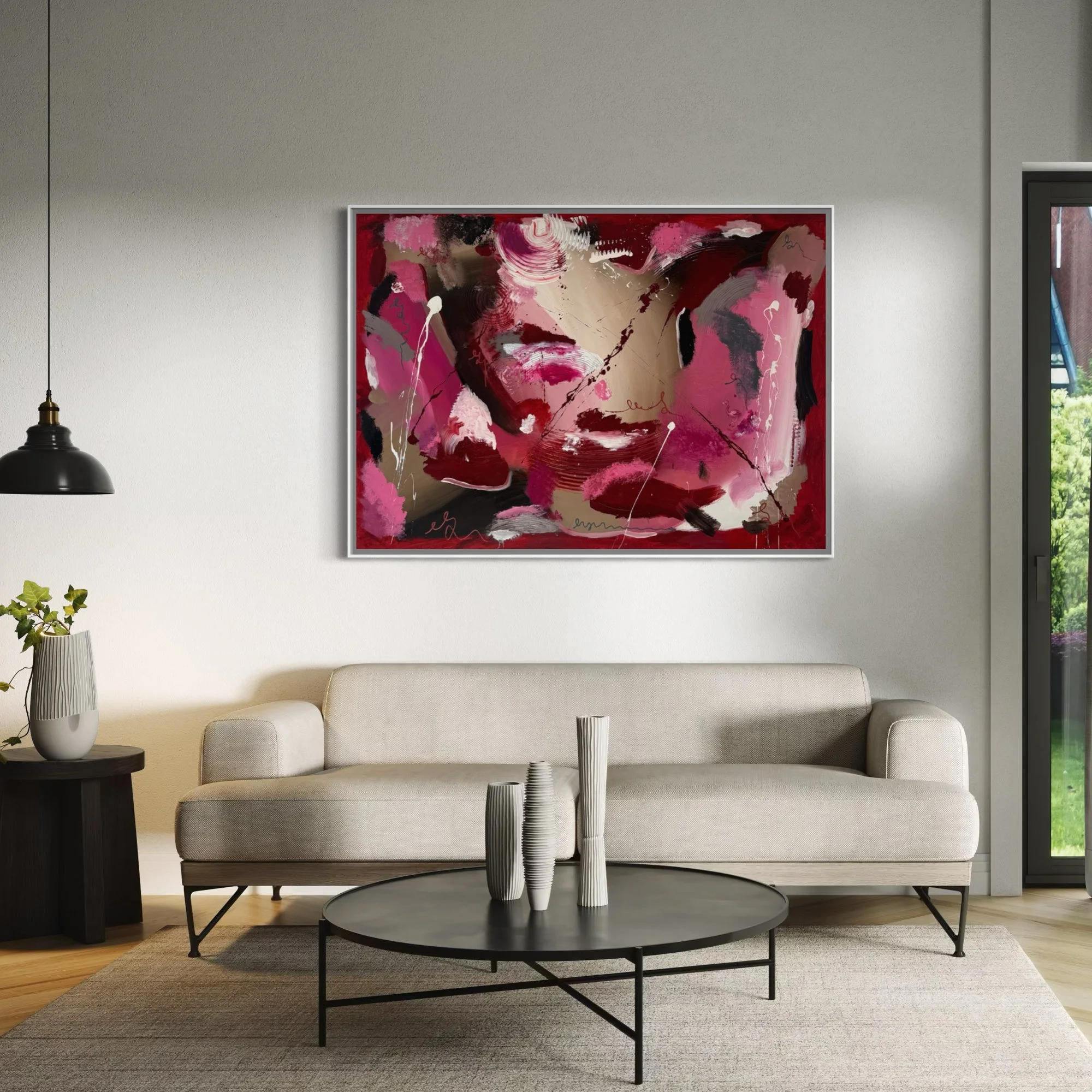 First Blush – pink wall art above sofa by Sabrina Richter, series Seen and Unseen – abstraktes Originalgemälde, Acryl auf Leinwand, Kunst kaufen