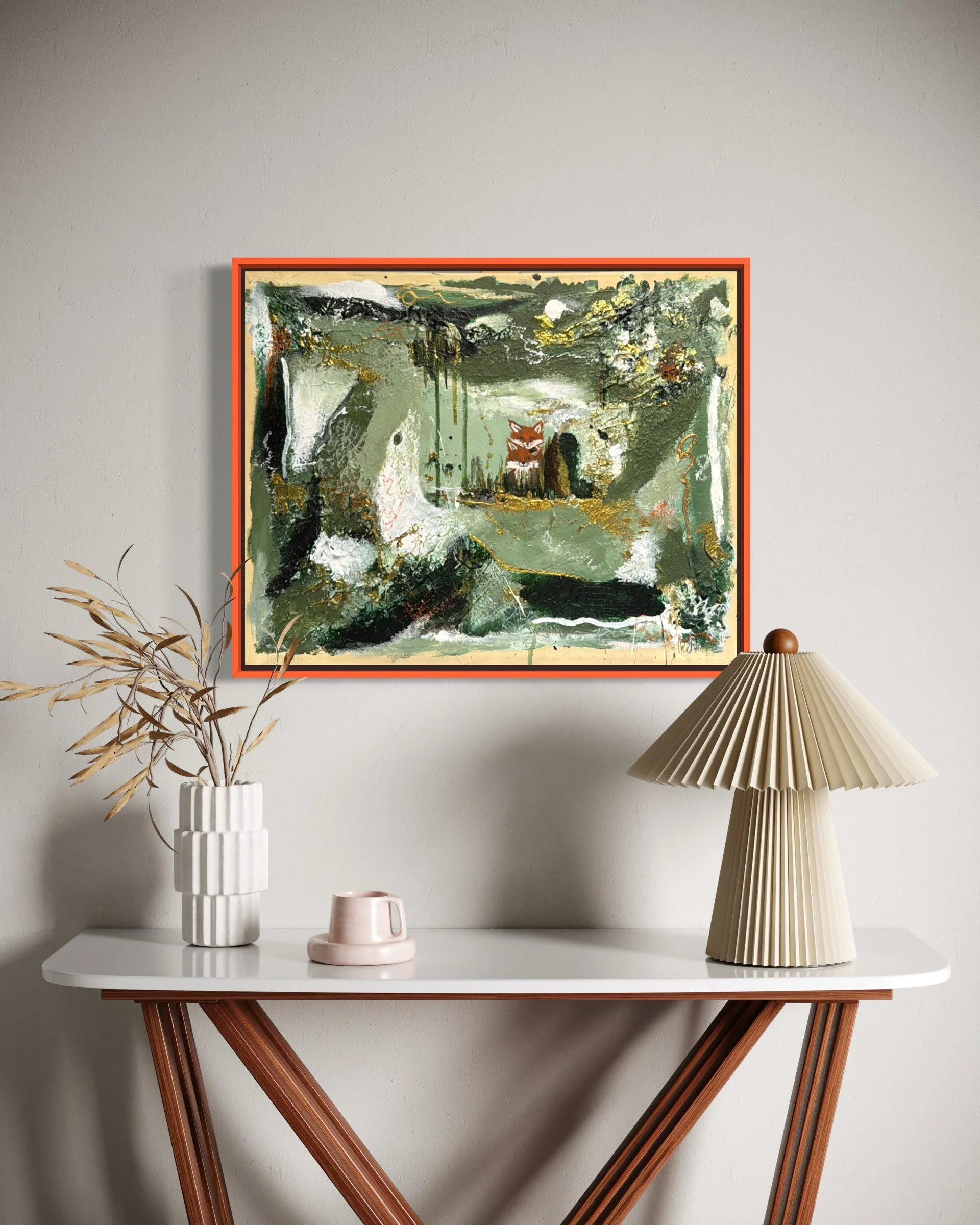 Hide and Seek original acrylic painting above a console table – Secrets of the Forest series
