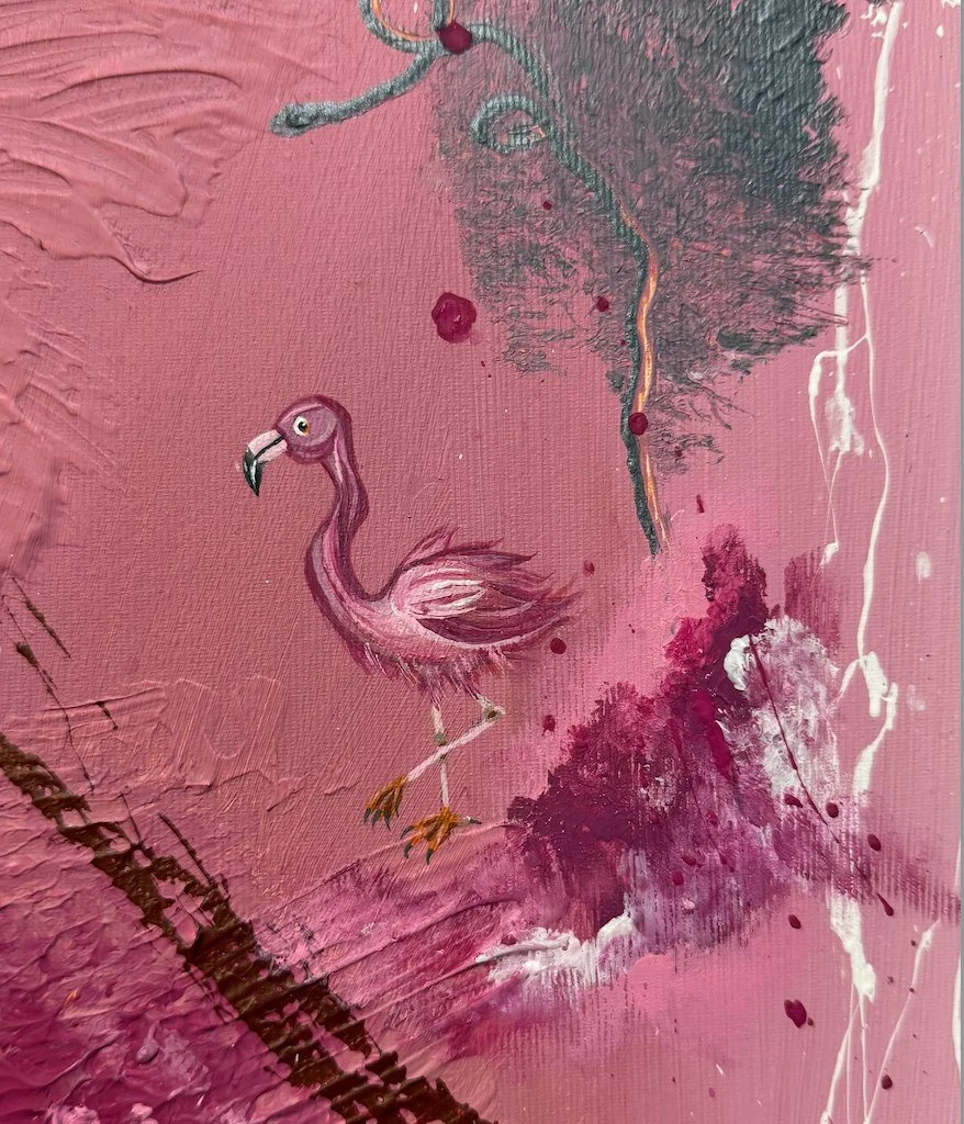 First Blush – hidden flamingo detail by Sabrina Richter, series Seen and Unseen – abstraktes Originalgemälde, Acryl auf Leinwand, Kunst kaufen